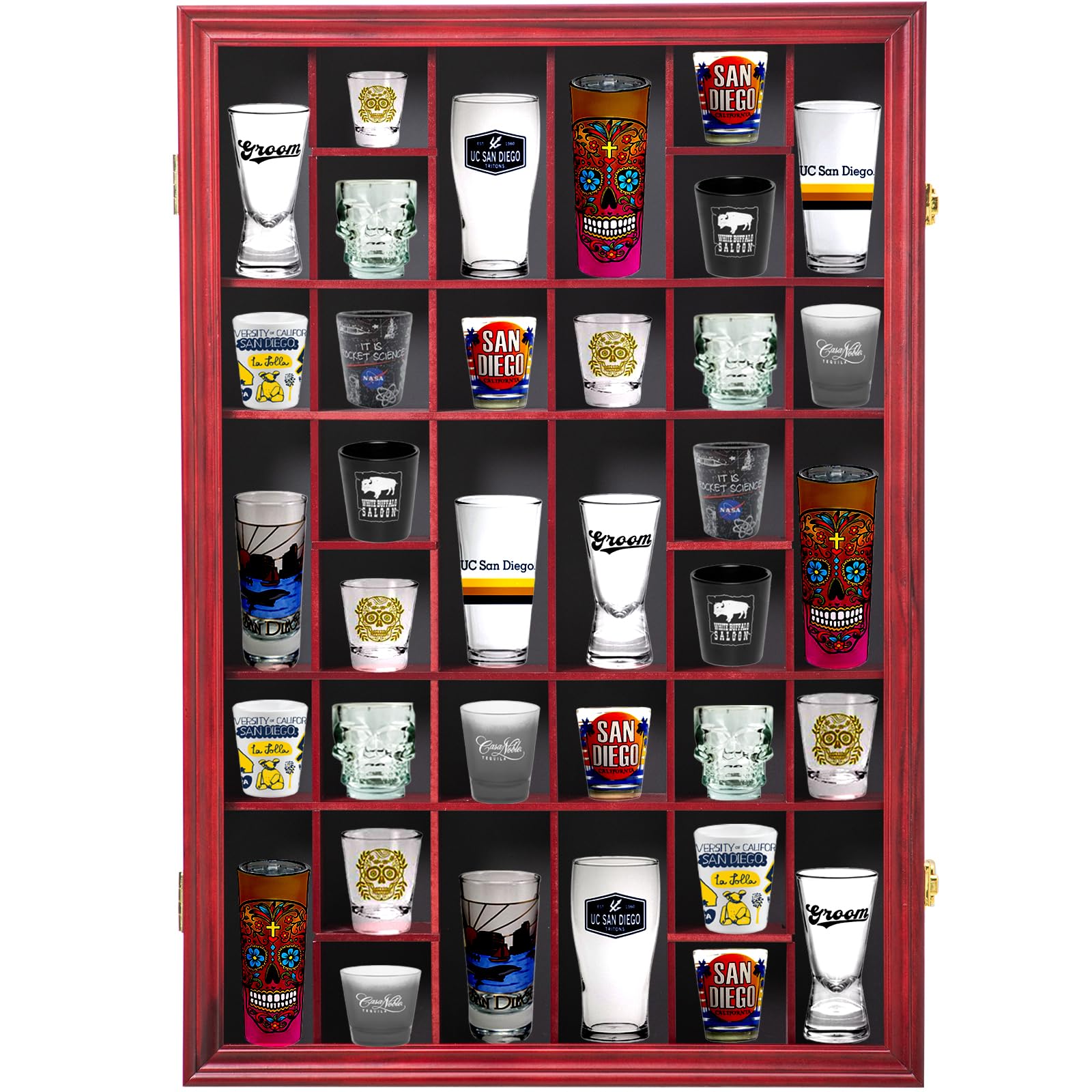 Furnishh 36-Slot Lockable Shot Glass Display Case - Solid Wood Wall Mounted Cabinet with Removable Shelves, Mahogany Finish (18