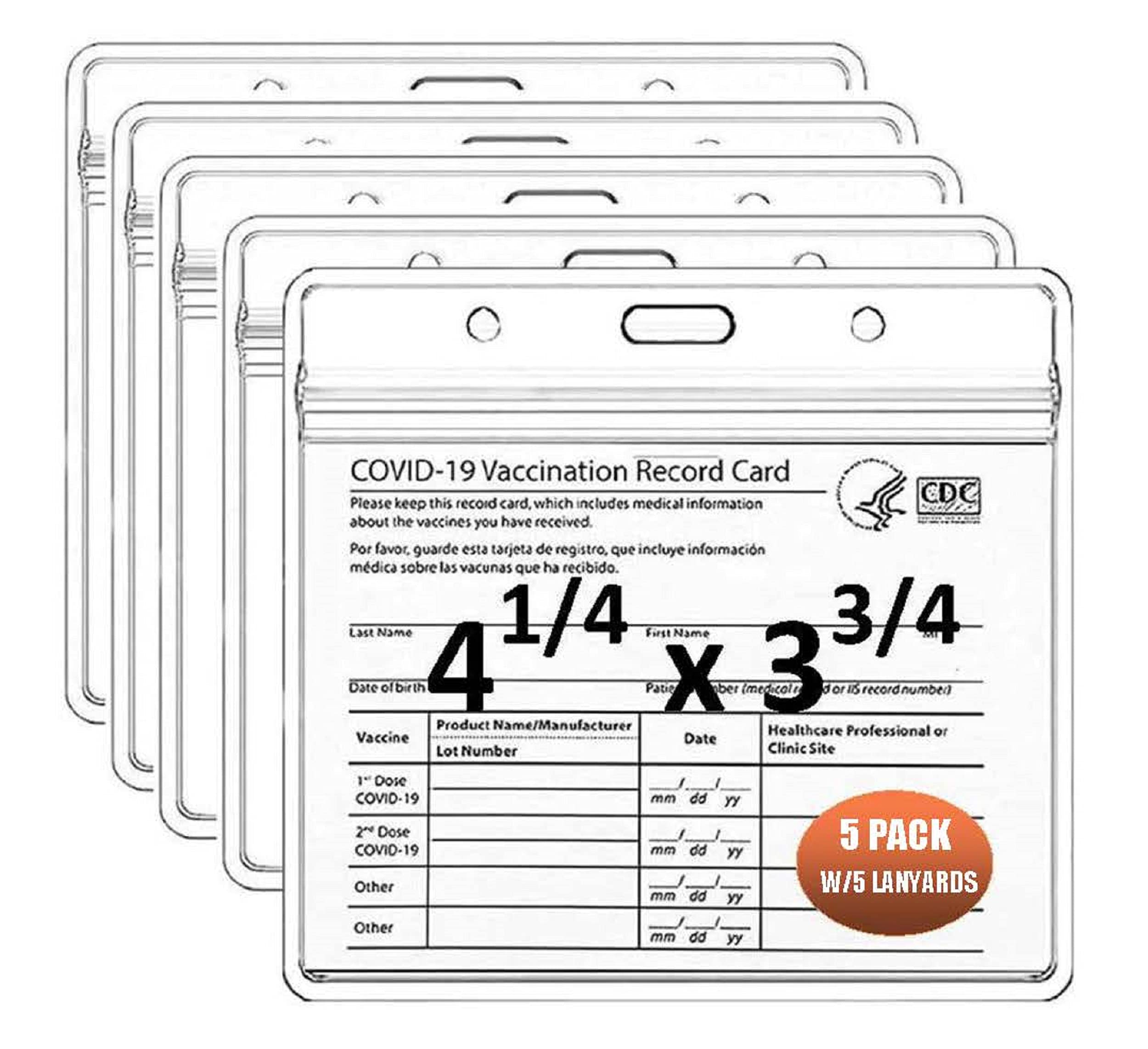 5-Pack Waterproof 4x3 Inch CDC Vaccine Card Holder with Adjustable Lanyard - Resealable Zipper Clear Plastic ID Badge Protector for Travel, Work & School