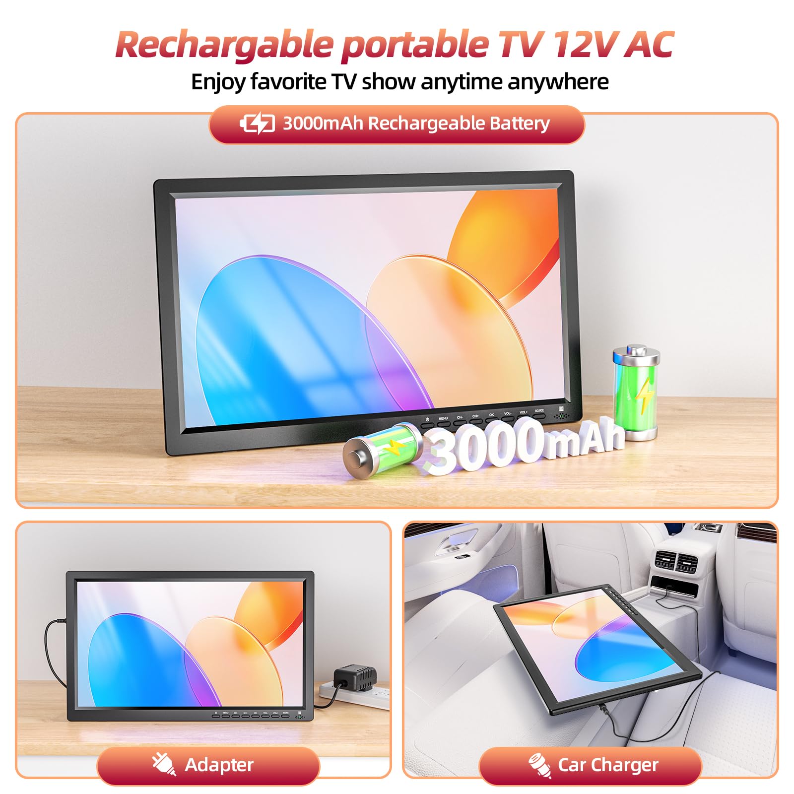 Desobry 15.6 Inch Portable TV with Rechargeable Battery | 1080P HD DVB-T2 Digital Tuner | USB/HDMI/AV Inputs | 12V for RV, Campervan & Travel | Includes Antenna, AC Adapter & Remote Control | Perfect for Camping, Road Trips & Small Spaces