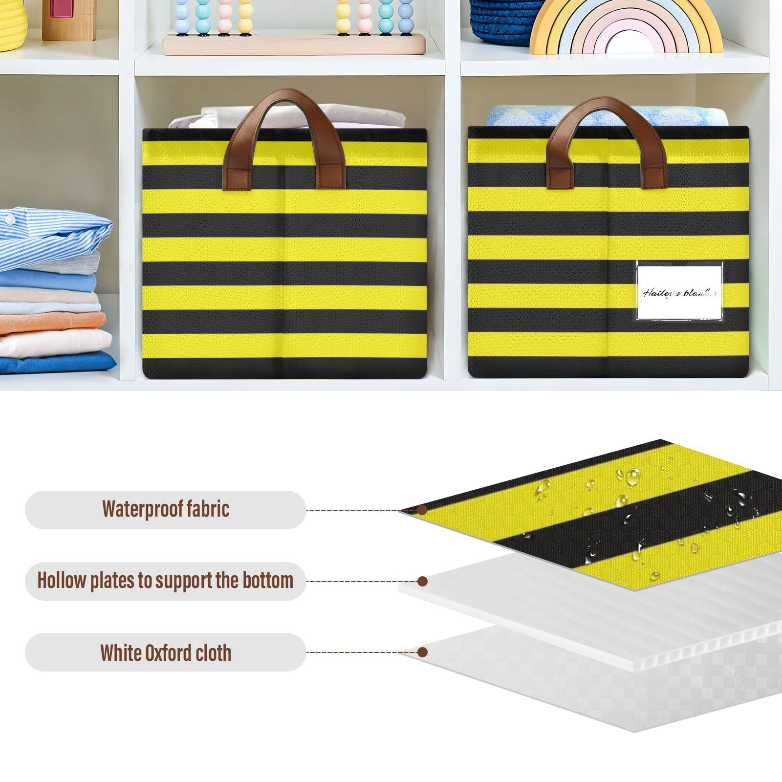 Yellow and Black Stripe Fabric Storage Baskets with Handles - 2 Pack Large Decorative Cube Bins for Closet, Shelf, Dresser Organization | Perfect for Bedroom, Nursery, and Living Room Storage Solutions