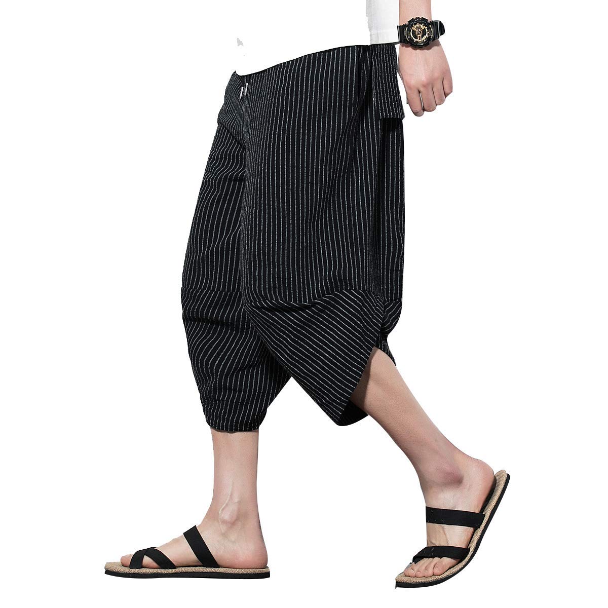 **PRIJOUHE Men's Harem Capri Pants - Wide Leg Linen Summer Pants for Men | Comfortable & Breathable for Beach, Yoga & Casual Wear**