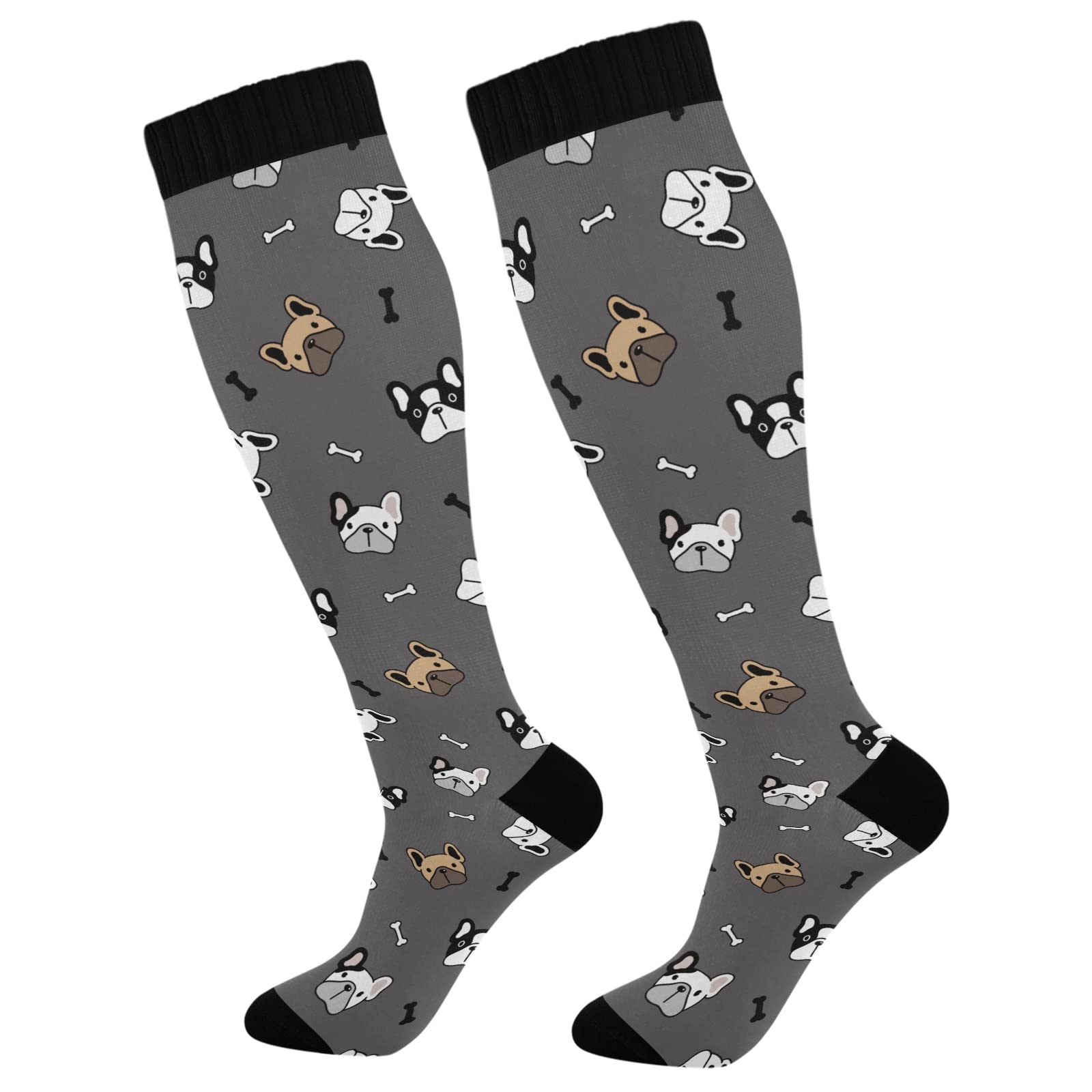 French Bulldog Knee High Compression Socks for Women & Men - Sport Running Hiking Fitness Support Socks - Cute Dog Pattern Athletic Socks for Workouts, Jogging & Outdoor Activities