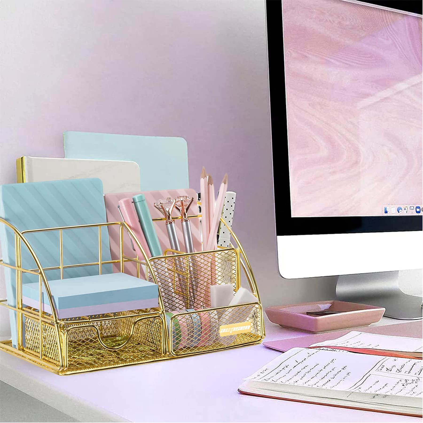 Gold Desk Organizer Set - All-in-One Desktop Organizer with Pen Holder, Pencil Holder & Paper Tray | Stylish Mesh Office Accessory with Drawer for Home & Office Supplies | Perfect for Work Desks, Study Areas & Gift Giving