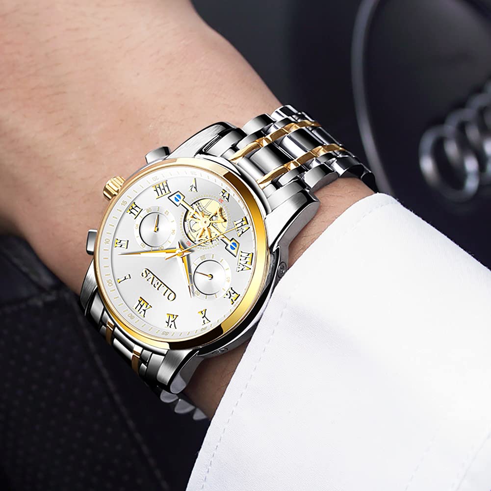 OLEVS Men's Fashion Casual Analog Quartz Watch - Waterproof Stainless Steel Band Dress Watch with Day Window (Gold White Dial) | Perfect for Business, Office, and Formal Occasions