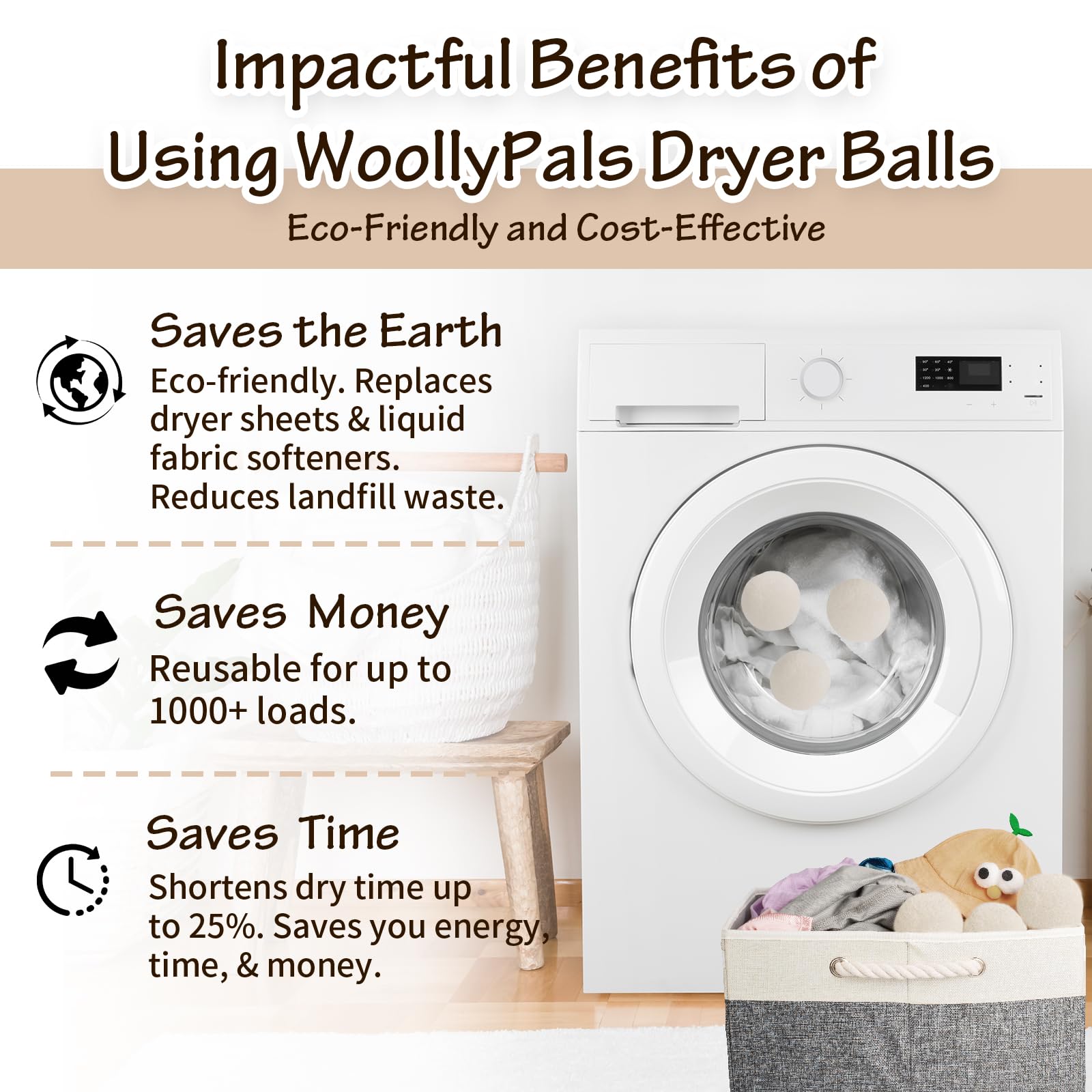 WoollyPals 100% New Zealand Wool Dryer Balls (6-Pack, XL Size) - Eco-Friendly Reusable Laundry Softener - Reduce Drying Time & Static Cling - Includes Storage Bag (Plain White) - Perfect for Organic Cotton, Baby Clothes & Sustainable Homes