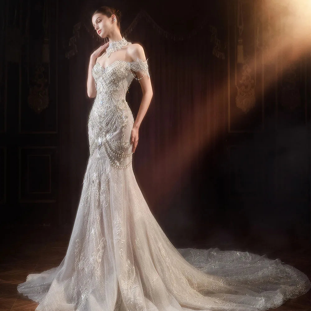Elegant Mermaid Wedding Dress with Short Sleeves & Lace Beading - Perfect for Beach Weddings, Vow Renewals & Romantic Photoshoots