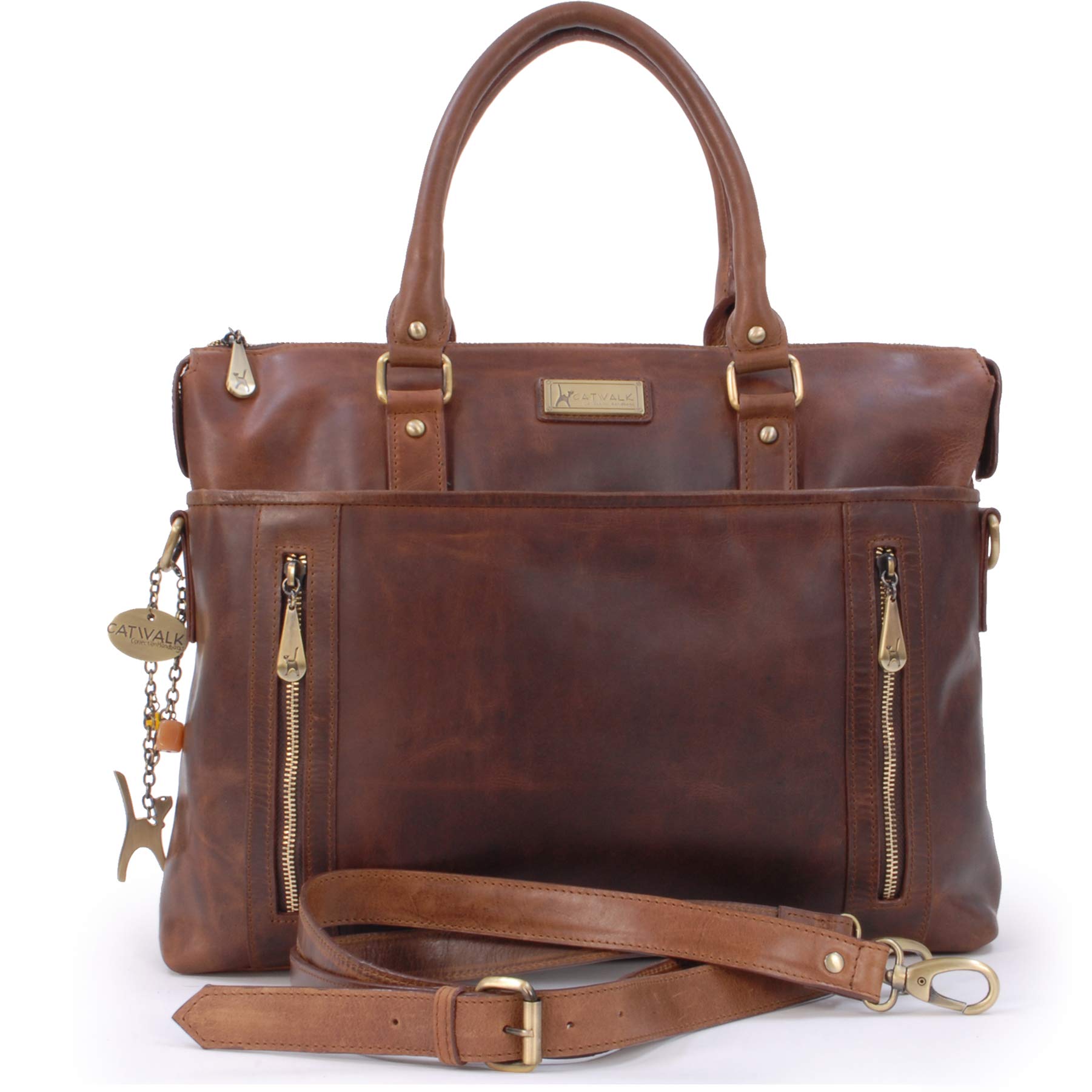 Catwalk Collection Women's Large Leather Tote Bag - Stylish Work Laptop Briefcase with Detachable Crossbody Strap - Adele Design - Perfect for Office, Business Travel & Everyday Use