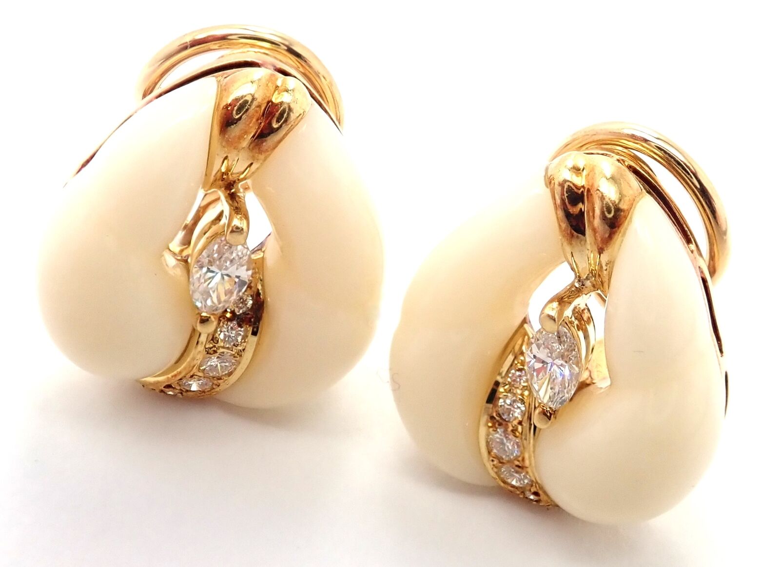Authentic Mikimoto 18K Yellow Gold Diamond White Coral Earrings - Luxury Pearl Jewelry for Women - Perfect for Weddings, Anniversaries & Special Occasions