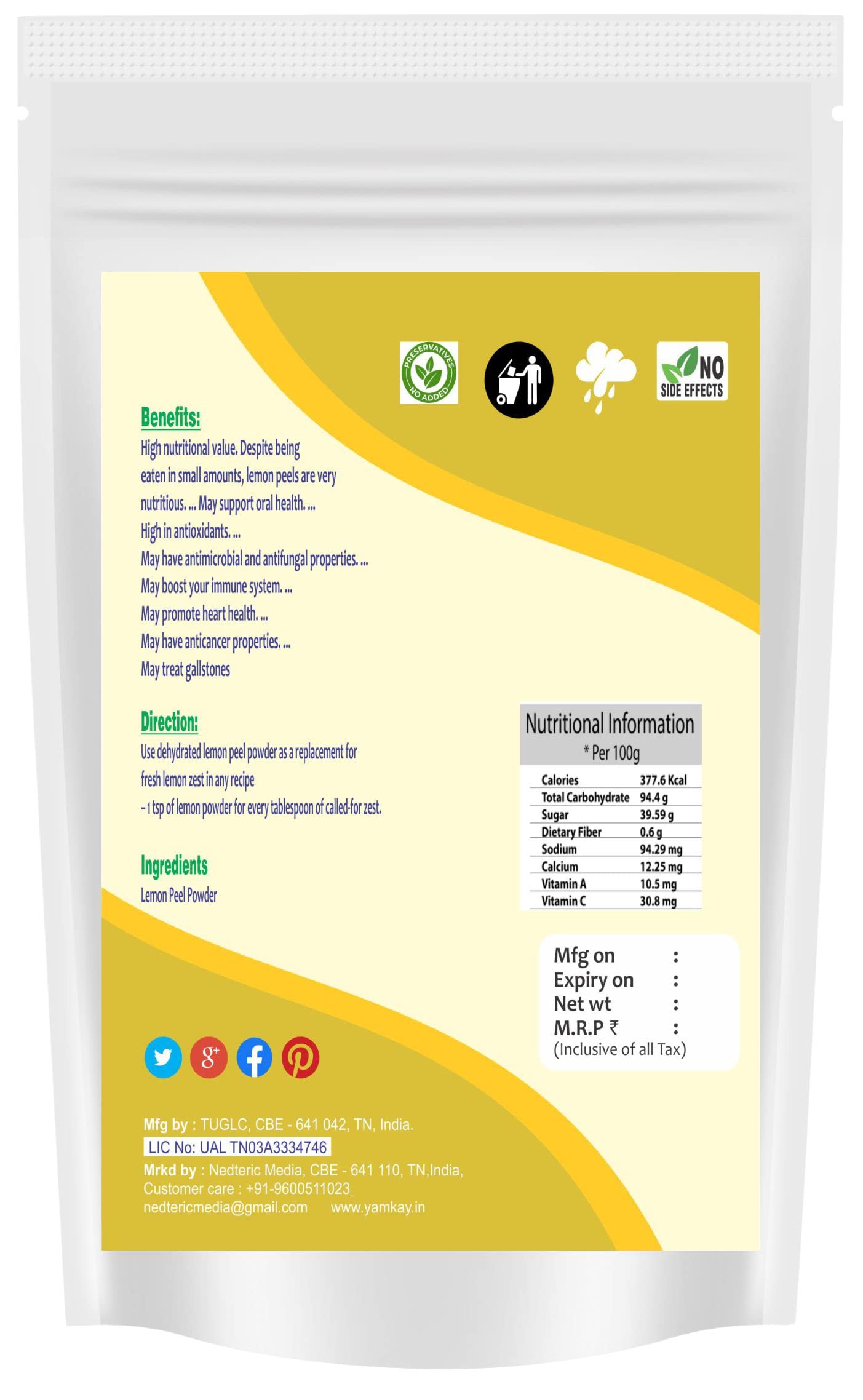 Yamkay Lemon Peel Powder (Citrus Limon) 100g - Natural Face Care for Glowing Skin, Brightening & Exfoliating - Perfect for DIY Face Masks & Skin Treatments