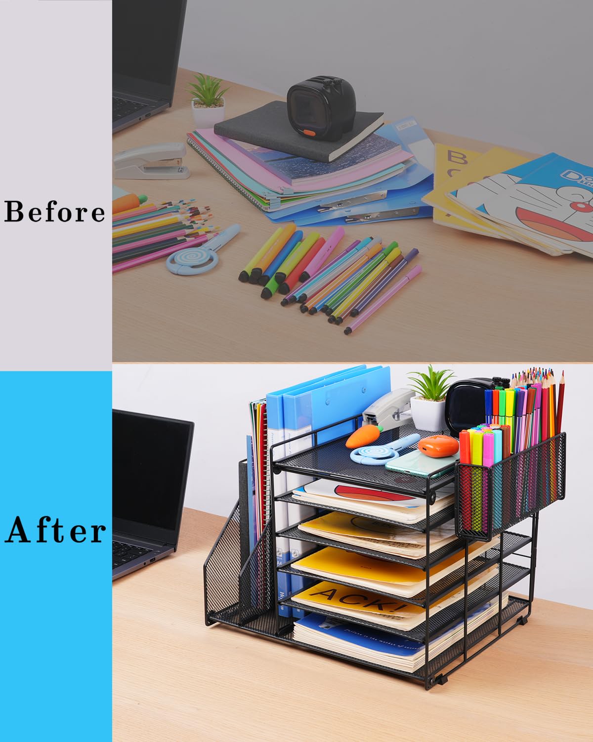 6-Tier Mesh File Organizer for Desk - Paper Tray with File & Pen Holder, Black Office Desk Accessories | Perfect for Workspace Organization & Document Management