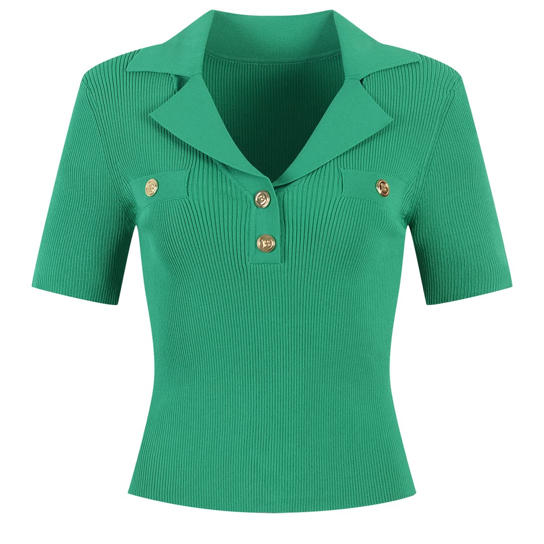 Women's Green Knitted Short Sleeve Sweater with Gold Buttons | Summer Casual Pullover Top | Perfect for Beach Outings, Weekend Brunch & Spring Layering