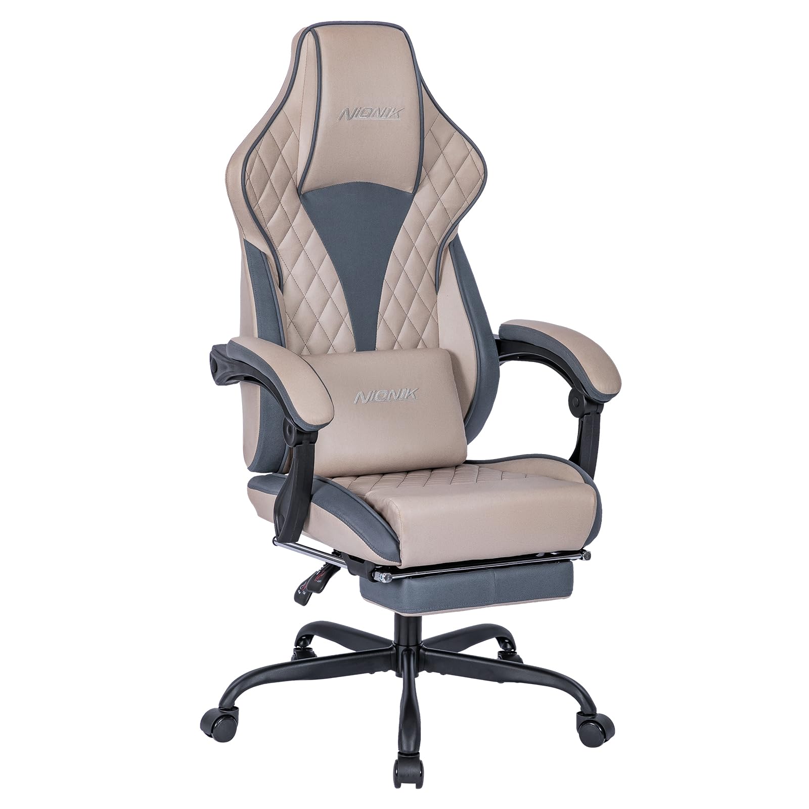NIONIK Ergonomic Gaming Chair with Footrest & Lumbar Support - Adjustable Height Office Computer Chair for Adults - Comfortable Video Game Chair with Massage Function (Techno Beige) - Perfect for Esports, Streaming & Home Office Workstations