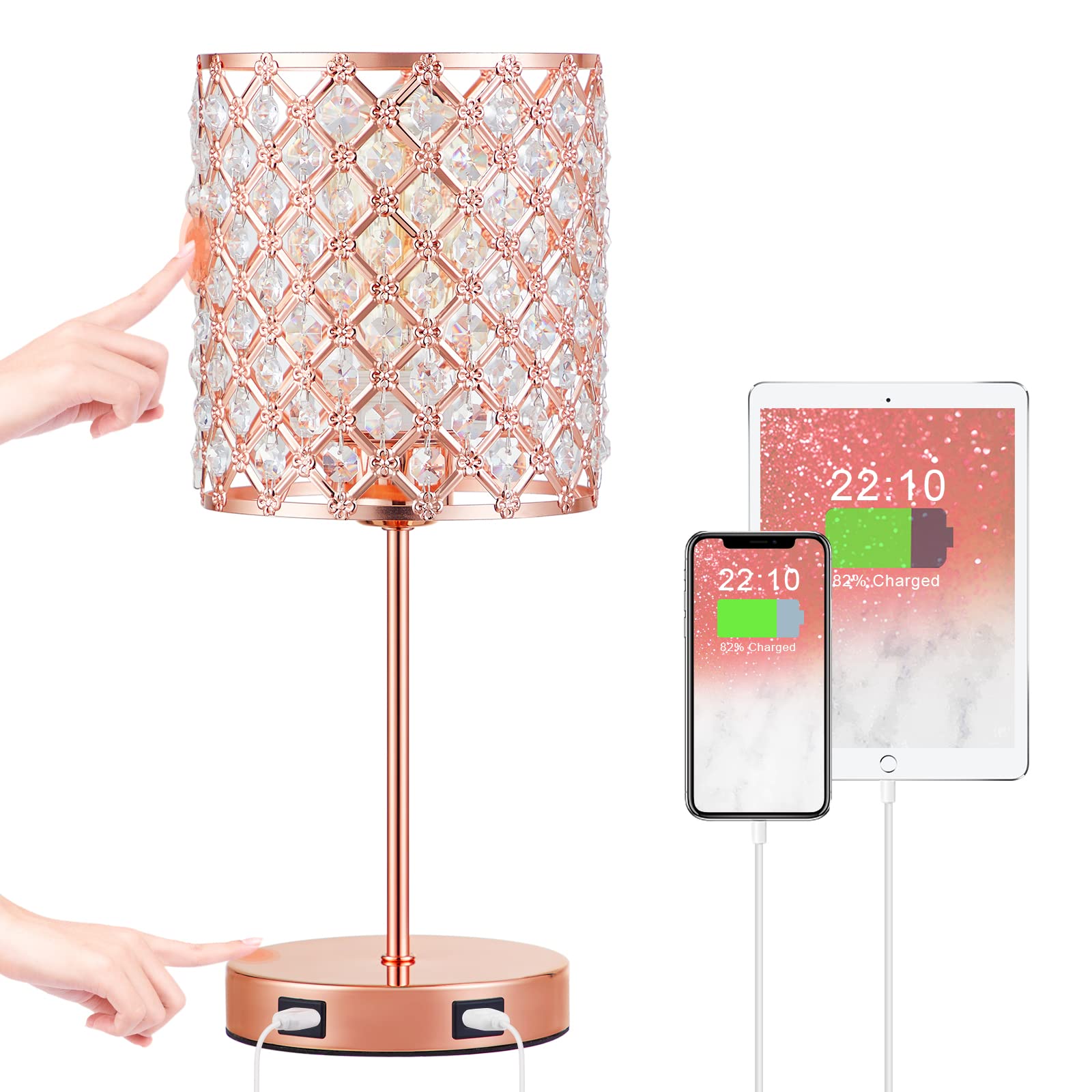 Hong-in Touch Crystal Table Lamp - Rose Gold Crystal Lamp with Dual USB Charging Ports, 3-Way Dimmable Bedside Lamp with Included Bulb, Modern Nightstand & Desk Light for Bedroom, Living Room, Office - Perfect for Reading, Working & Creating Ambiance