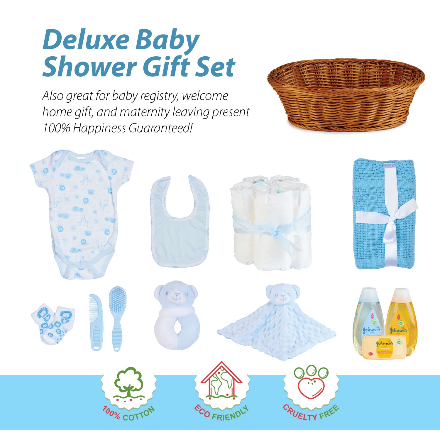 Blue Baby Boy Gift Basket - 18 Essential Newborn Baby Boy Gifts, Welcome Baby Boy Gift Set for New Parents | Perfect for Baby Showers, Christenings & Hospital Visits