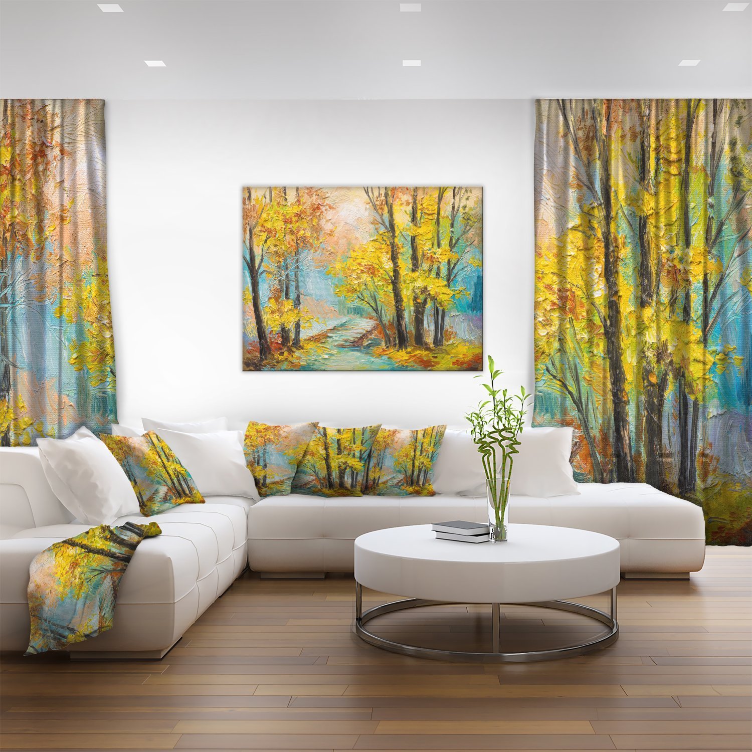 Yellow Falling Forest Landscape Art Print Canvas - Autumn Nature Wall Decor for Living Room, Bedroom & Office