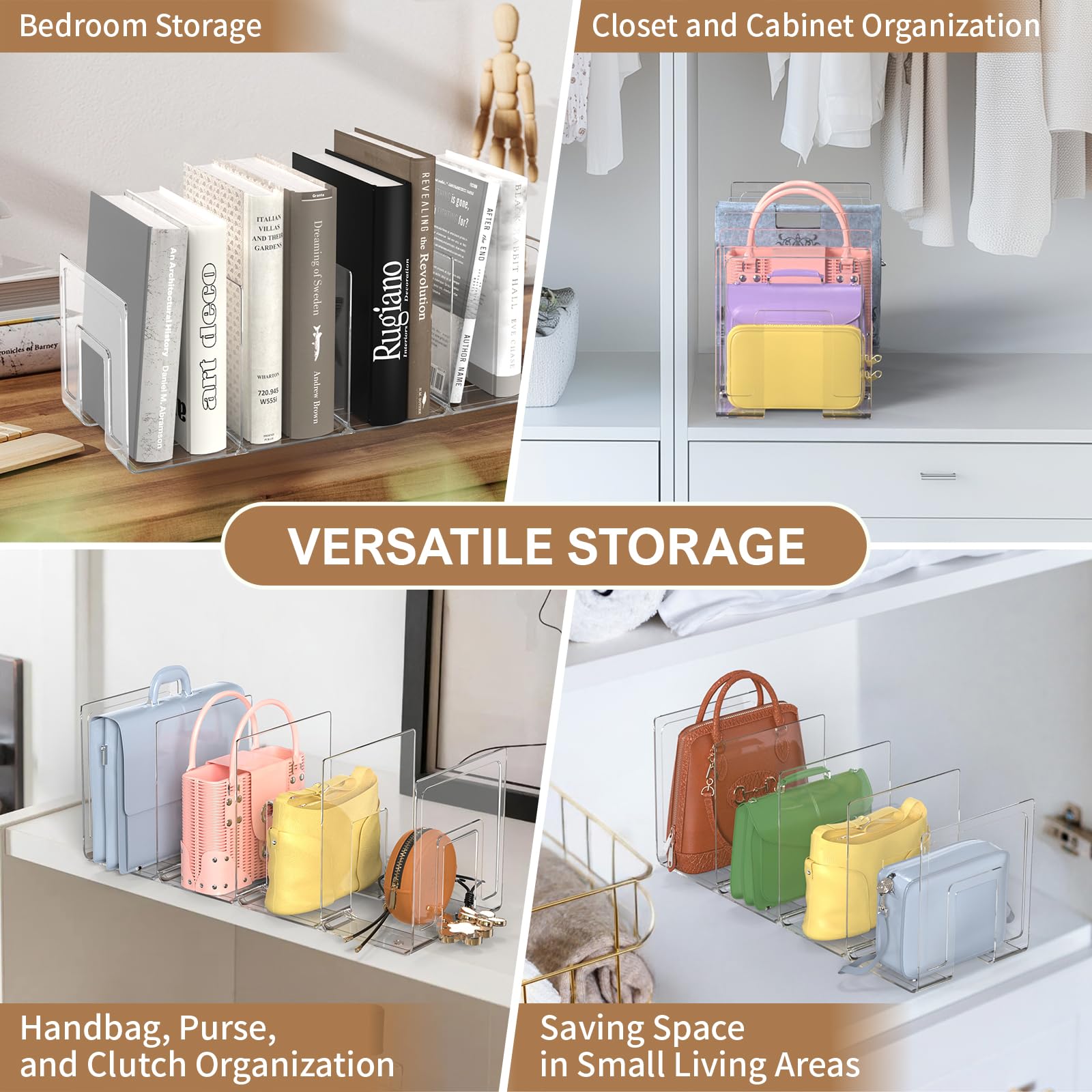 2PCS Clear Adjustable Purse Organizers - Plastic Handbag Storage Shelf & Clutch Dividers for Closet, Cabinet & Bedroom Organization | Keep Purses Upright & Save Space | Perfect for Handbag Display, Travel Storage & Wardrobe Organization