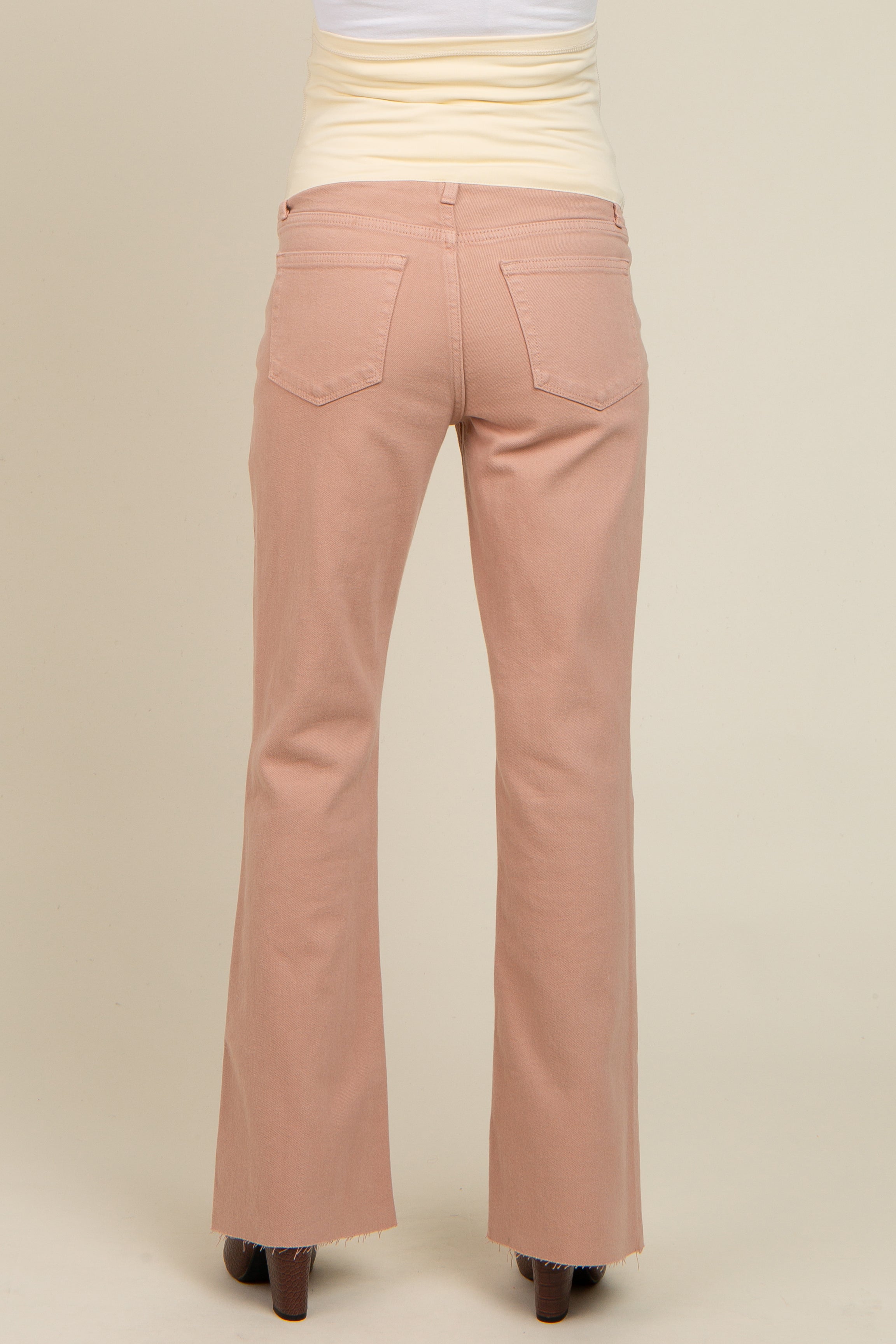 Beige Flare Leg Raw Hem Maternity Jeans for Pregnant Women - Comfortable Stretch Denim Pants for Pregnancy & Postpartum - Perfect for Casual Wear, Work & Everyday Outfits