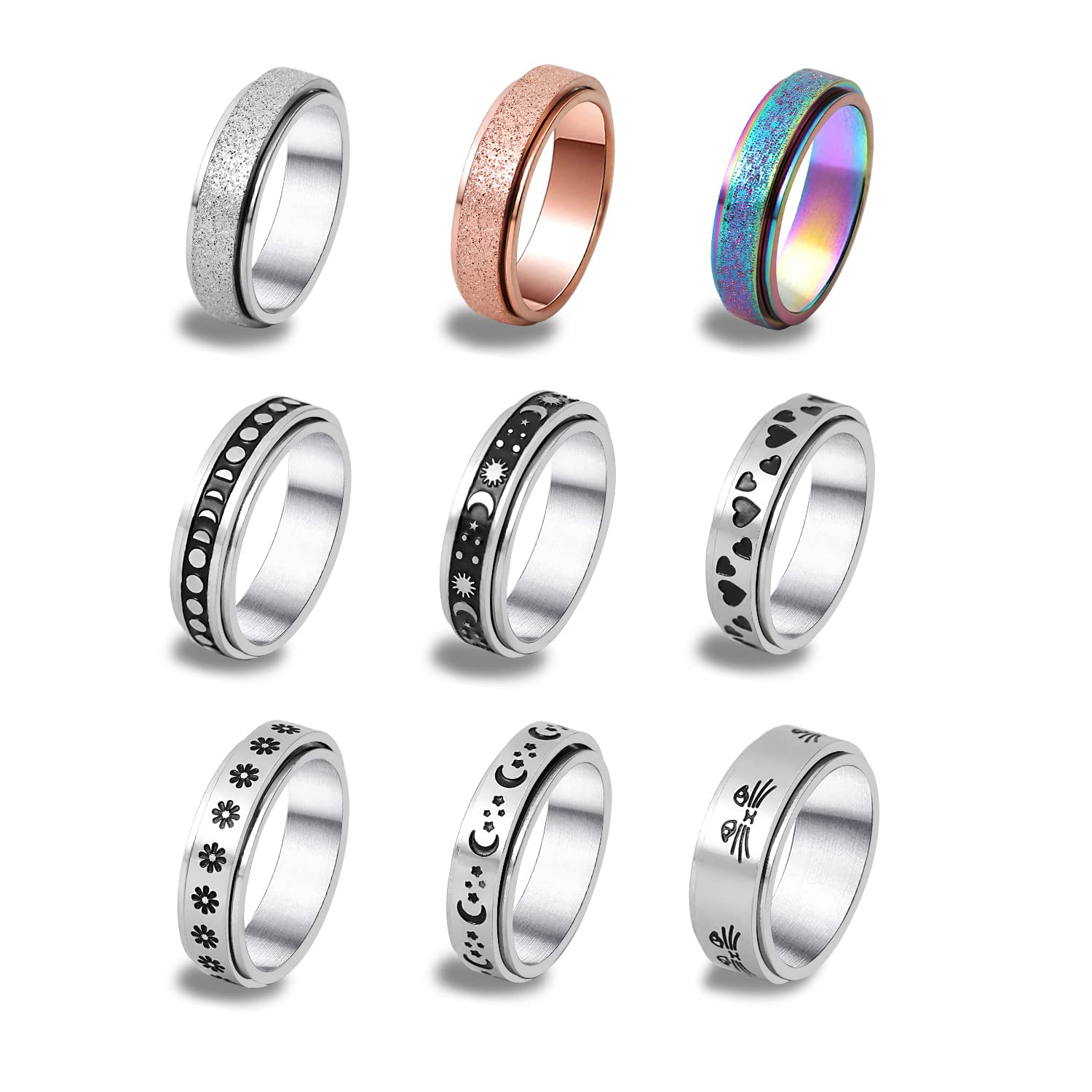 DICOINA 9Pcs Stainless Steel Fidget Rings for Women & Men - Spinner Anxiety Relief Rings with Moon & Star Design - Wedding Promise Bands (Size 5-10) - Perfect for Stress Relief, Gift Giving & Couple Jewelry
