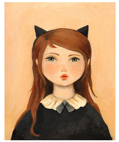 Black Apple Portrait with Cat Ears Print - Whimsical Wall Art for Bedroom, Living Room & Office Decor