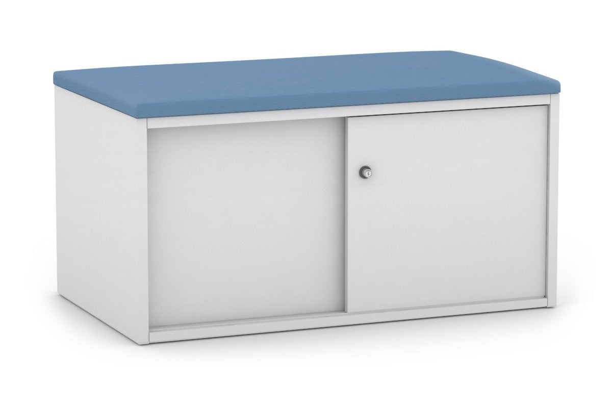 Low Profile 2-Door Sliding Credenza with Top Cushion - Modern TV Stand for Living Room, Bedroom Storage Cabinet with Smooth Gliding Doors