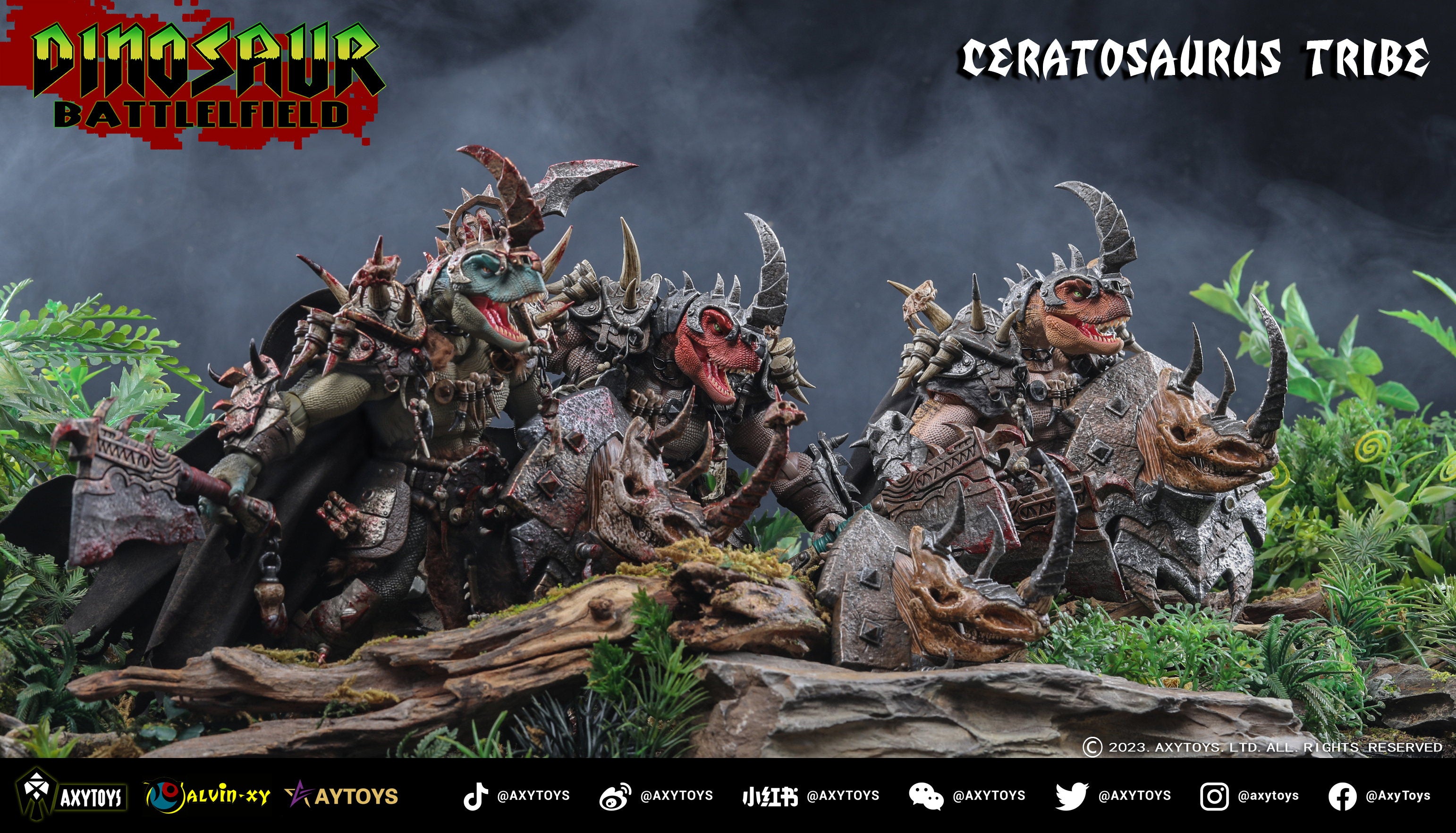 AxyToys 1/12 Scale 7.87-inch Ceratosaurus Dinosaur Action Figure - Deluxe Battlefield Tribe Set with Large Roof for Collectors & Diorama Displays | Perfect for Jurassic Scenes, Toy Photography & Model Dioramas