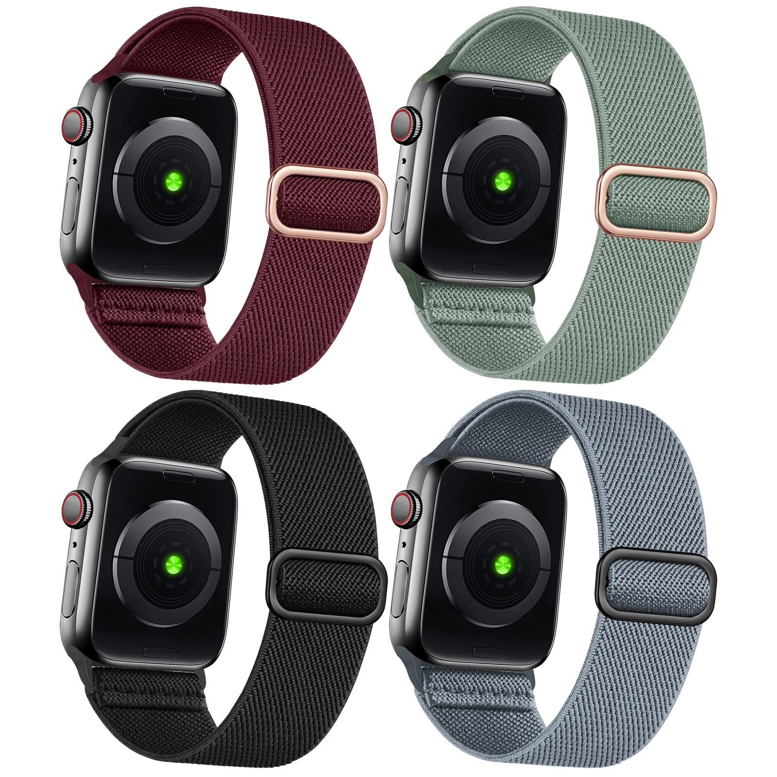 4 Pack Stretchy Solo Loop Bands for Apple Watch 38mm 40mm 41mm 42mm 44mm 45mm - Adjustable Nylon Elastic Braided Sport Band Compatible with iWatch Series 8/7/6/SE/5/4/3/2 - Perfect for Workouts, Running & Everyday Wear (Black)