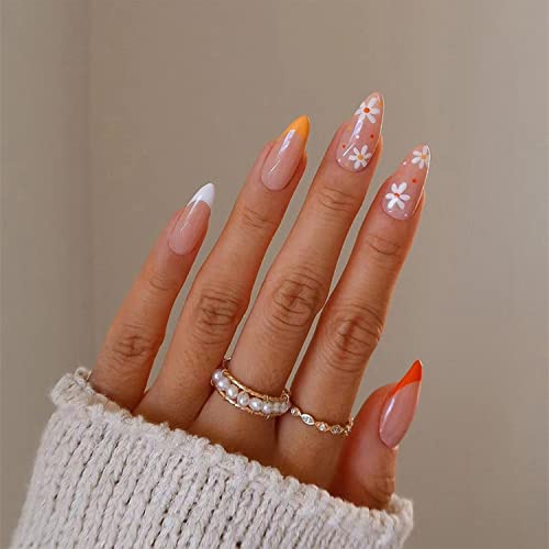DOCVOEOMH Short Medium Almond Press on Nails - Orange Fake Nails with Simple Daisy Design, 24PCS Reusable Full Cover Gel Nails Kit with Glue - Acrylic False Nails for Women Gifts, Perfect for Parties, Weddings & Daily Wear