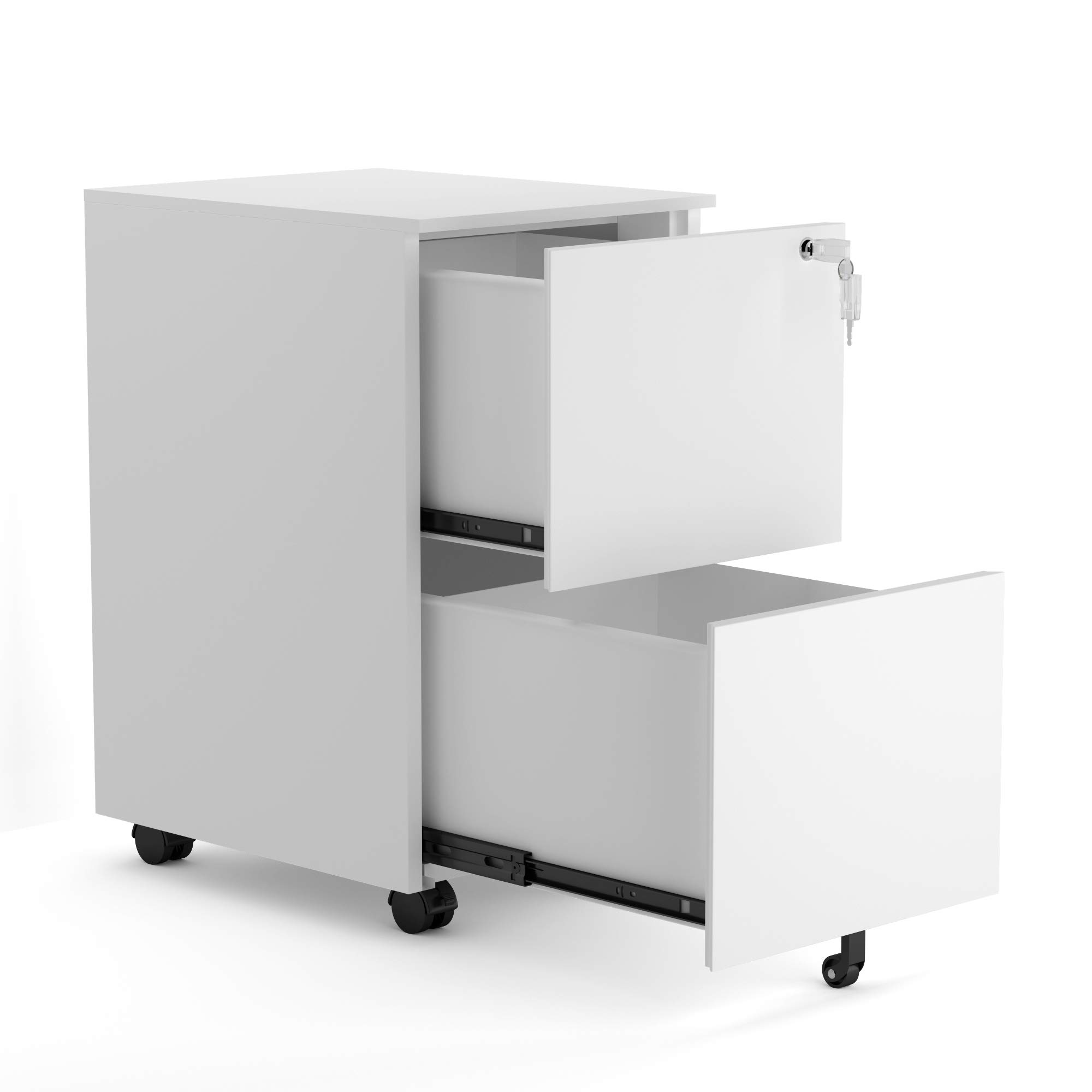 2 Drawer Locking File Cabinet with Wheels - Mobile Metal Filing Cabinet for Home & Office, Steel, White - Perfect for Organizing Documents in Small Spaces & Offices
