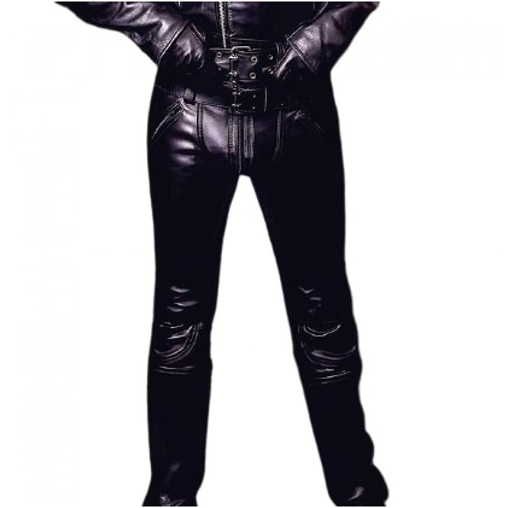 Men's Genuine Leather Biker Pants with Double Zippers - BLUF Cowhide Motorcycle Jeans for Riding & Casual Wear