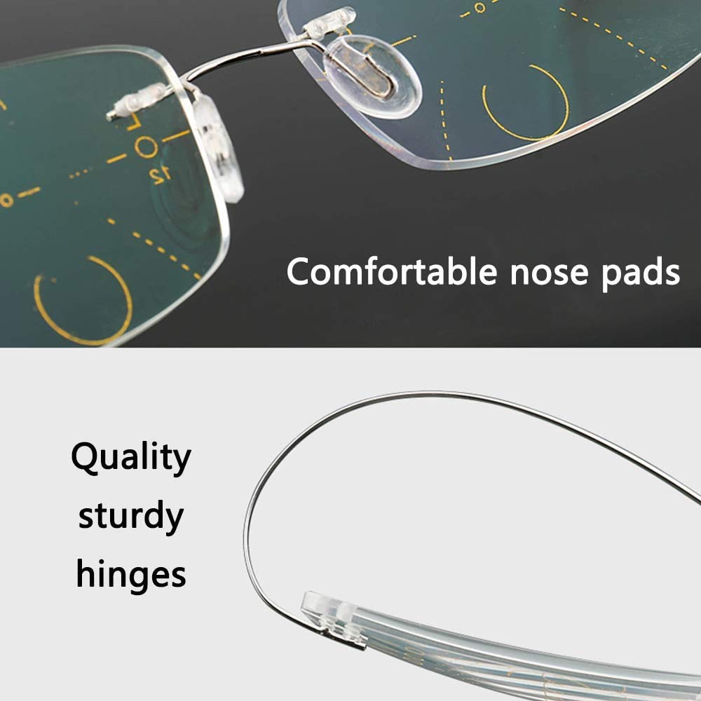 Progressive Multifocal Reading Glasses for Presbyopia - Frameless Memory Titanium Flexible Anti-Blue Light Computer Glasses for Men & Women (Silver, +3.00) - Perfect for Office Work, Screen Time & Daily Reading