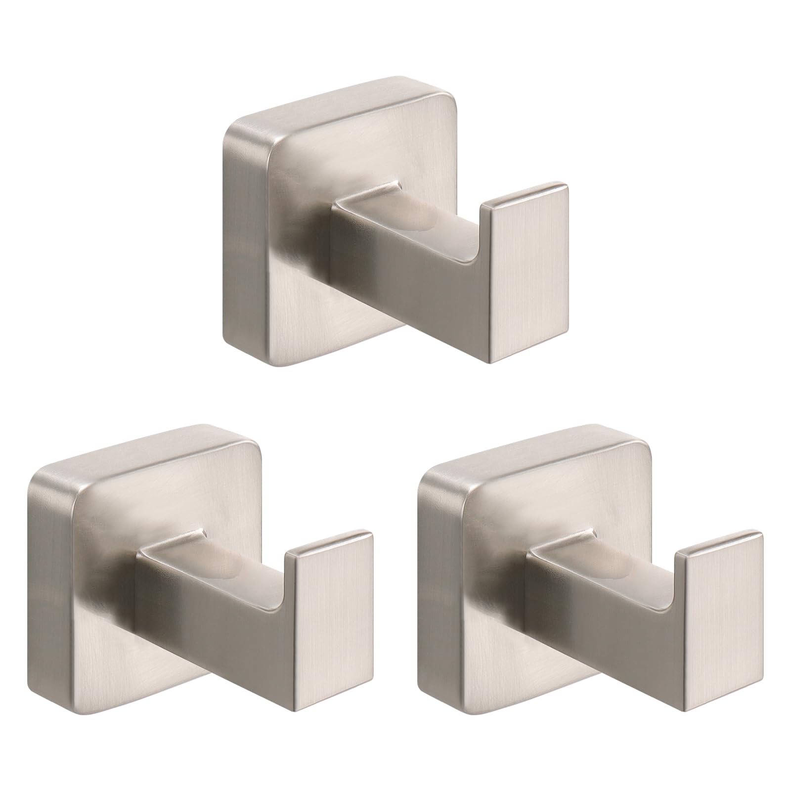NearMoon 3-Pack Brushed Nickel SUS304 Stainless Steel Square Bath Towel Hooks - Heavy Duty Wall Mounted Coat Hangers for Bathroom, Living Room, Hotel, Kitchen & Garage - Perfect for Organizing Robes, Towels & Clothes