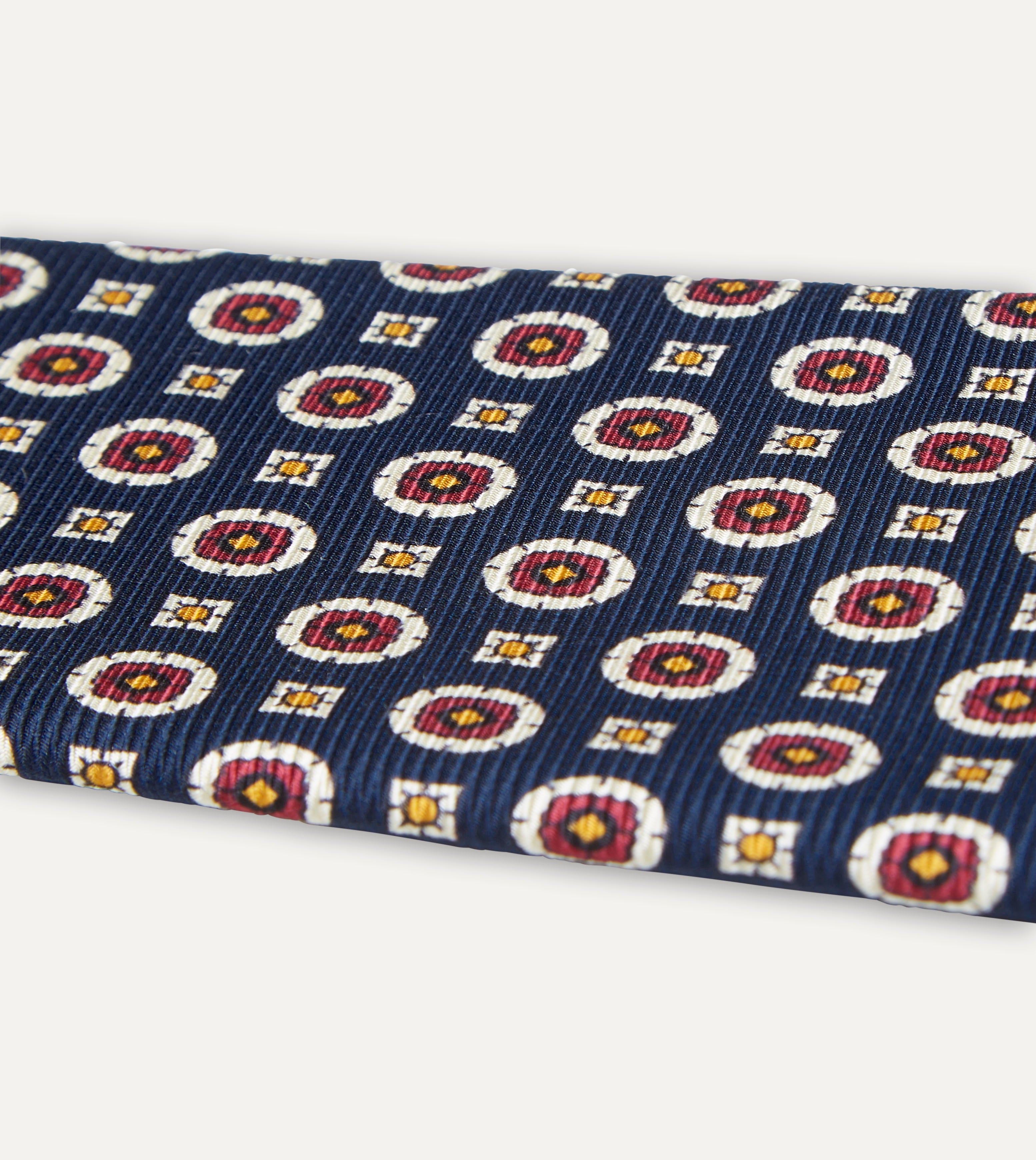 Navy and Red Geometric Medallion Print Silk Foulard Tie for Men - Elegant Necktie for Business, Weddings & Formal Occasions