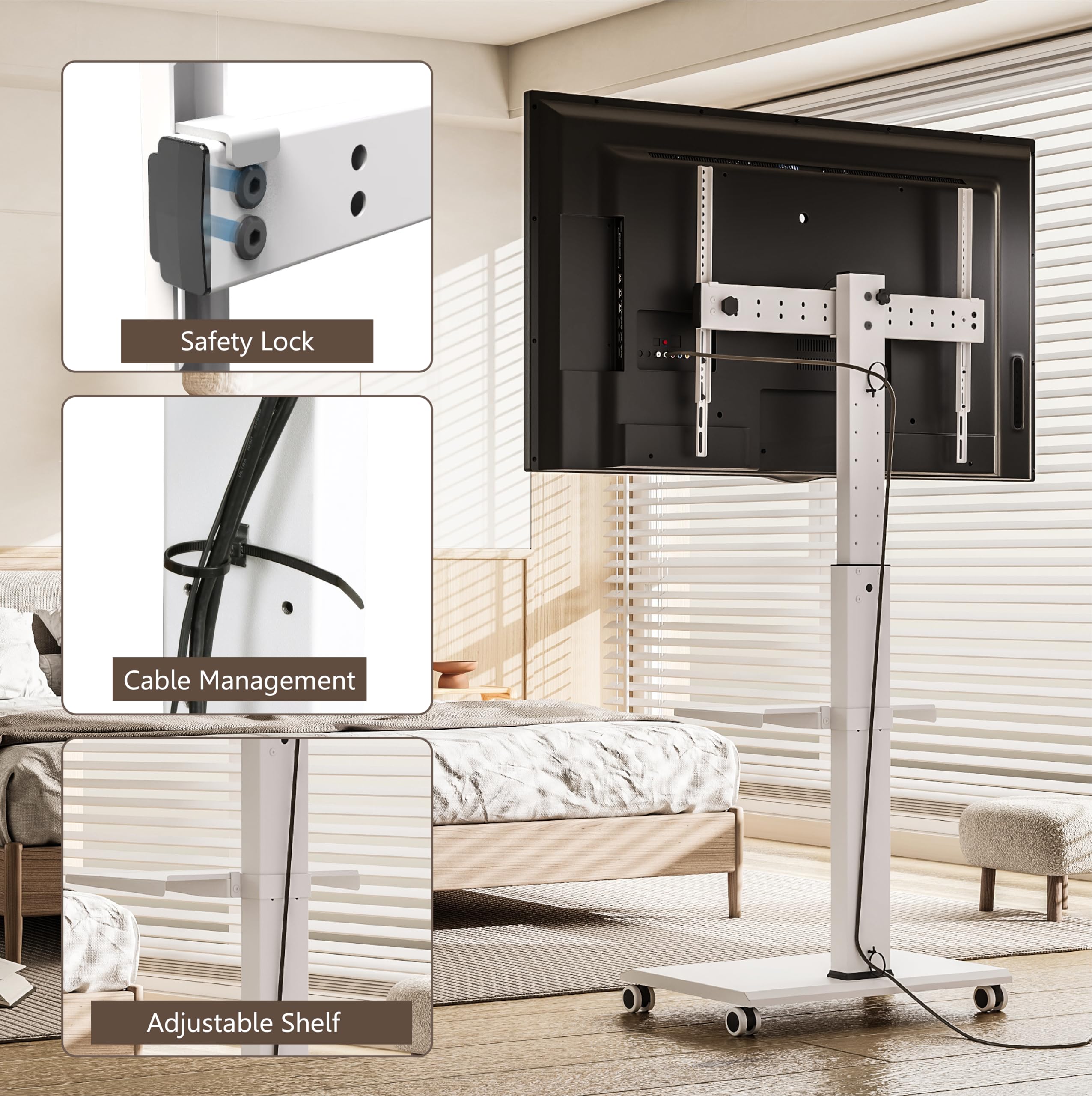 FITUEYES Universal Rolling TV Stand for 32-75 Inch Flat Screen TVs - Heavy Duty Mobile TV Cart with 360° Swivel & Adjustable Height, Supports up to 88lbs - Perfect for Living Room, Bedroom, Dorm or Office Entertainment Setup