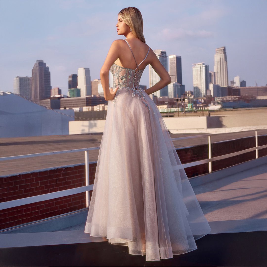 Ladivine by Cinderella Divine Silver Nude Applique Sleeveless Tulle Prom Dress - Elegant Evening Gown for Homecoming, Quinceañera & Formal Events