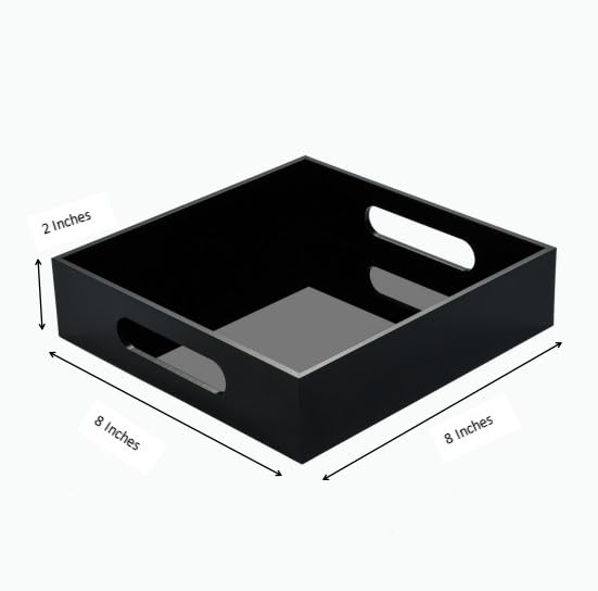 Black Sturdy Acrylic Tray with Handles - 8x8 Inch Kitchen Countertop Organizer - Bathroom & Office Storage Box for Cosmetics, Jewelry, Toiletries, Toys & Gadgets - Perfect for Vanity, Dresser & Closet Organization