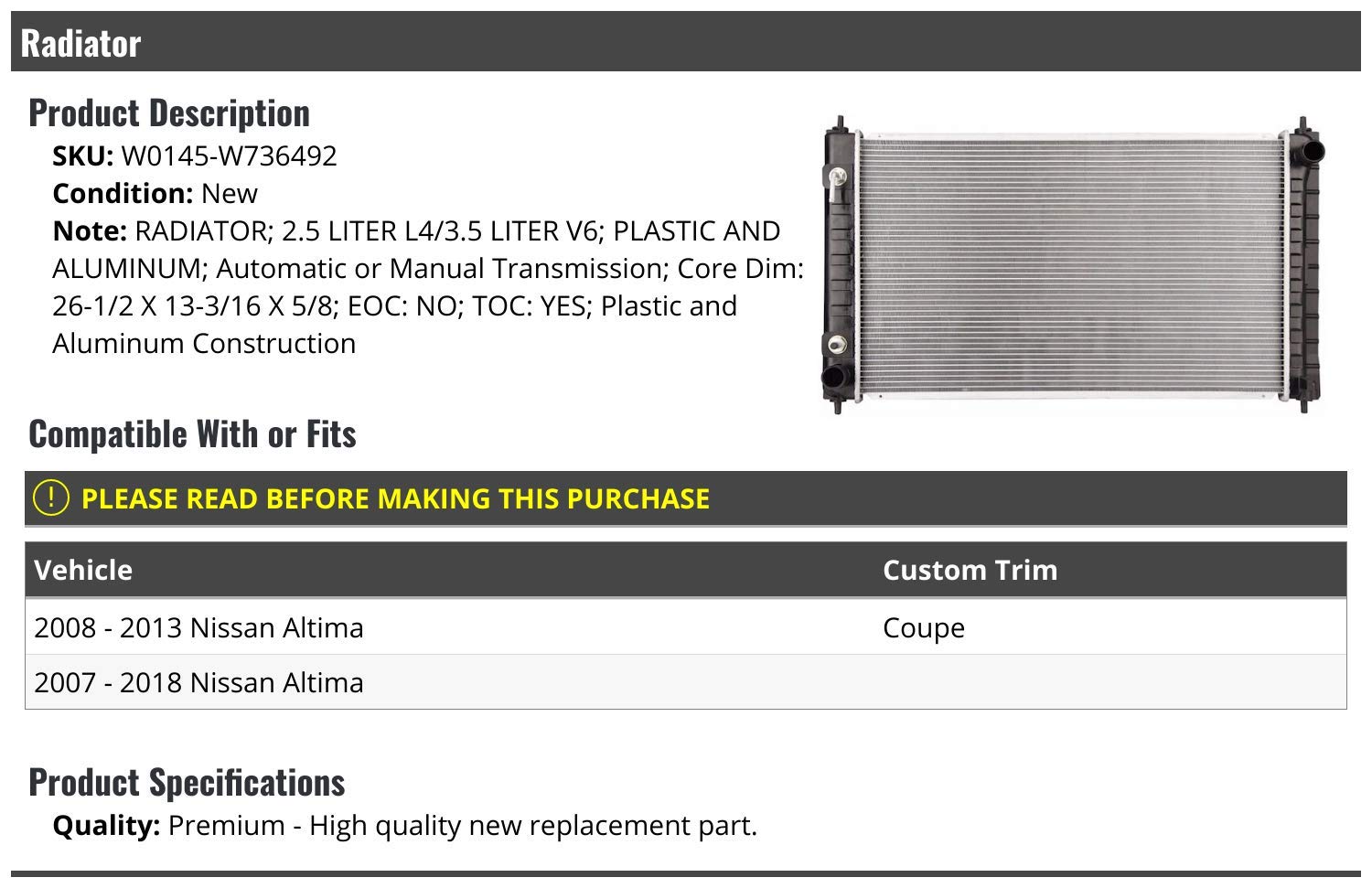 High-Performance Radiator with Transmission Oil Cooler - Compatible with 2007-2018 Nissan Altima 2.5L L4 & 3.5L V6 Engines - Perfect for Engine Cooling & Transmission Protection in Daily Driving & Heavy-Duty Use