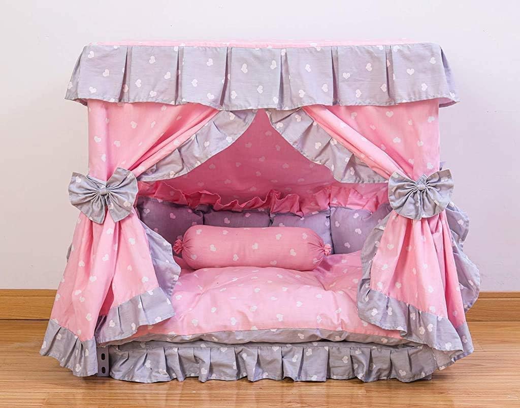 Princess Pink Grey White Heart Pet Dog Handmade Bed House with Candy Pillow - Medium Size Cozy Sleeping Spot for Small Dogs, Puppies & Cats - Perfect for Bedroom, Living Room or Pet Travel Carrier