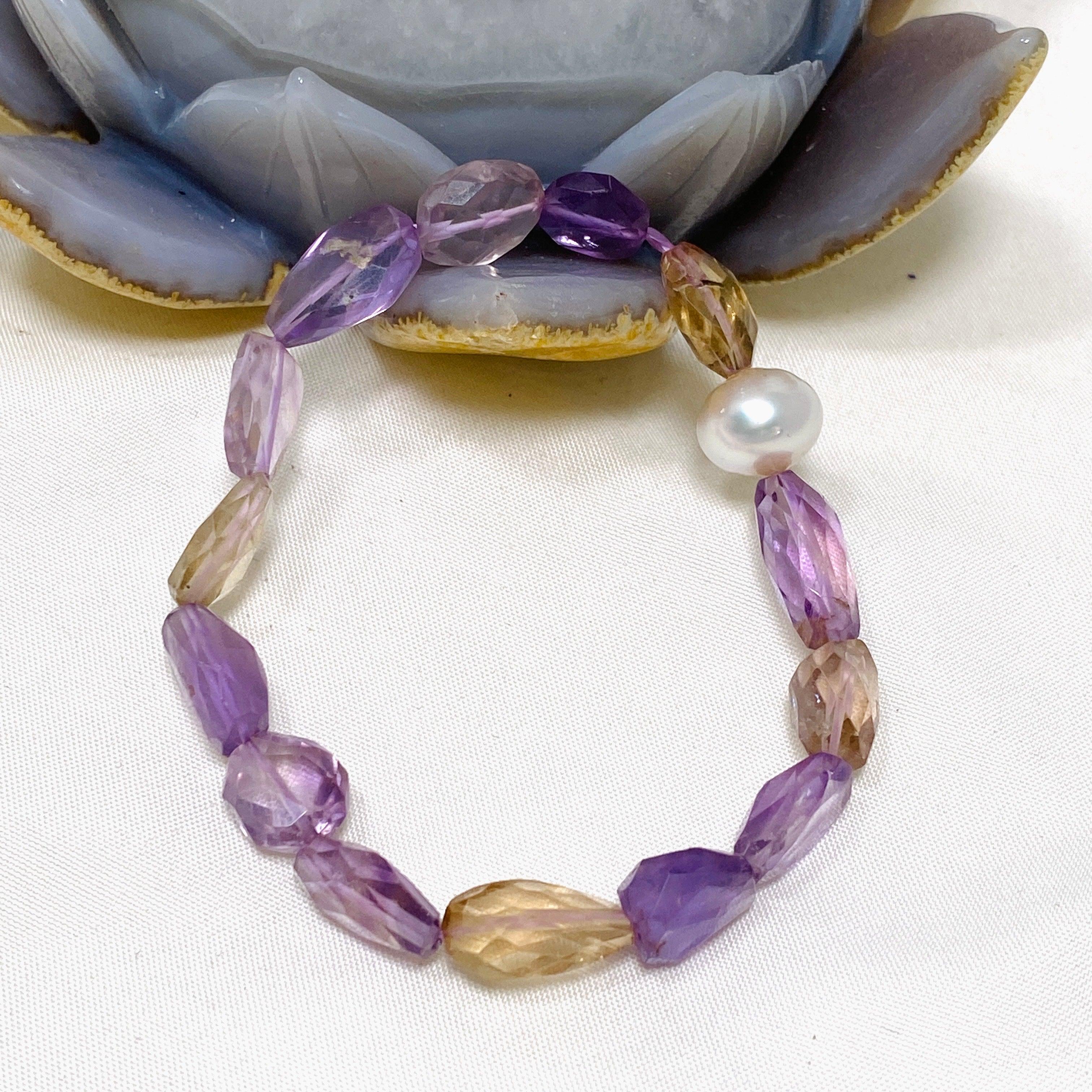 Ametrine Faceted Bead and Pearl Gemstone Bracelet - Elegant Handmade Jewelry for Women - Perfect for Parties, Weddings & Special Occasions