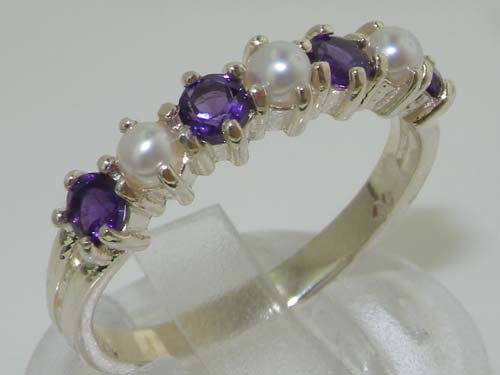 Solid Sterling Silver Ring with Natural Amethyst & Pearl - Elegant Ladies Eternity Band for Wedding, Anniversary & Special Occasions