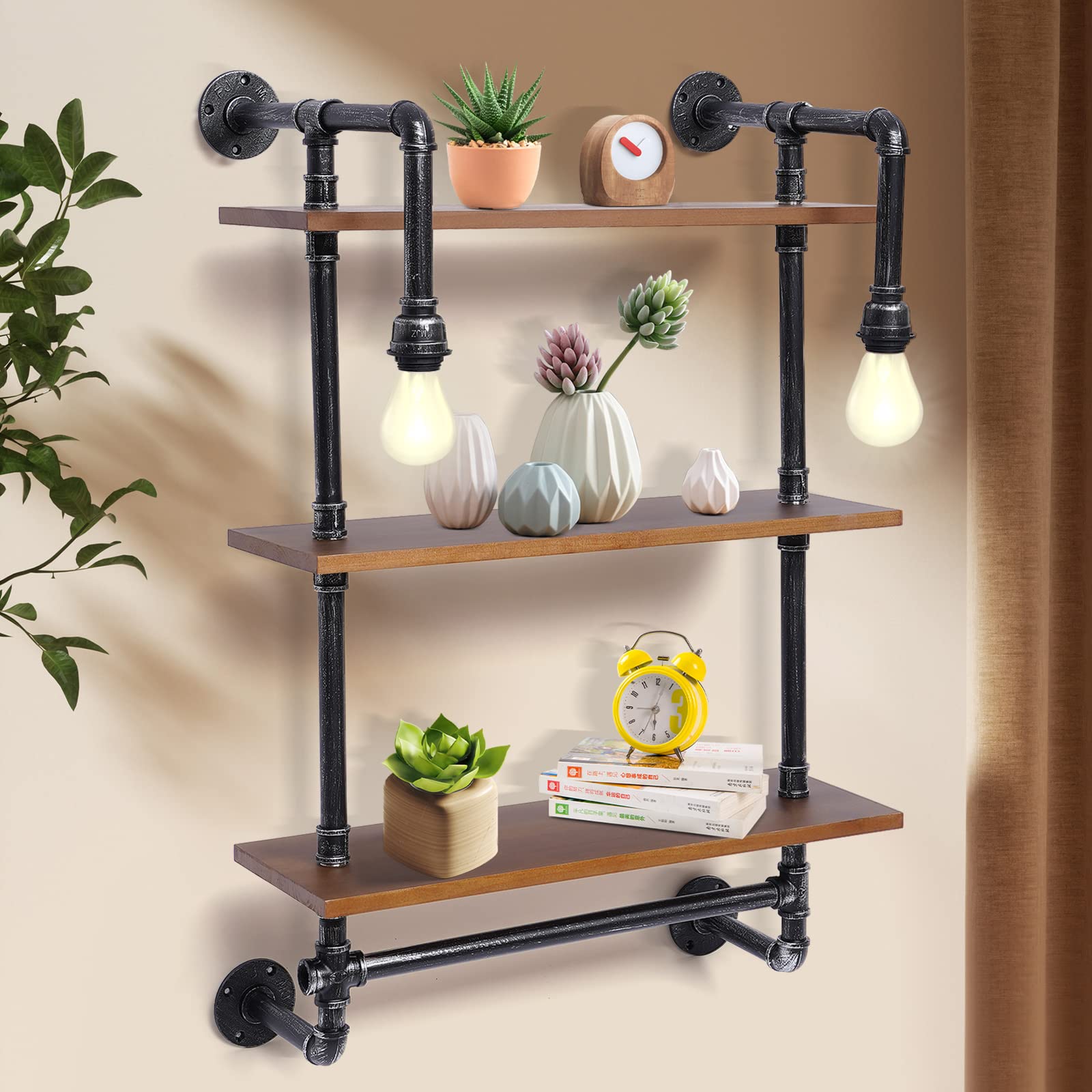Vintage Industrial Pipe Wall Mounted Bookshelf - 3-Tier Rustic Wood Ladder Shelf with Edison Bulb for Bathroom Storage & Home Decor | Perfect for Small Spaces, Farmhouse Style & Vintage Interior Design