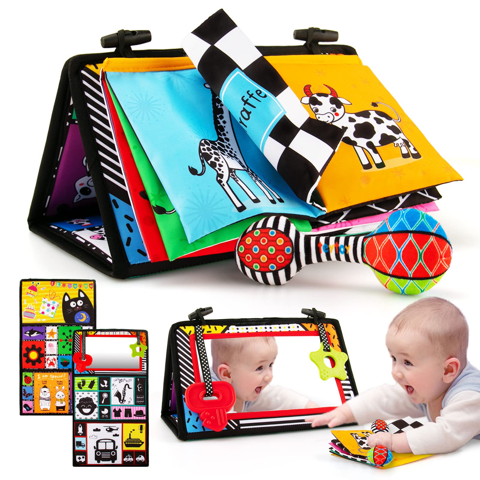 3-in-1 Tummy Time Mirror & Sensory Toy Set with Soft Crinkle Book, Teether, Rattle - High Contrast Black & White Montessori Baby Developmental Toys for Newborns 0-12 Months | Perfect for Crawling Practice, Sensory Stimulation & Early Learning