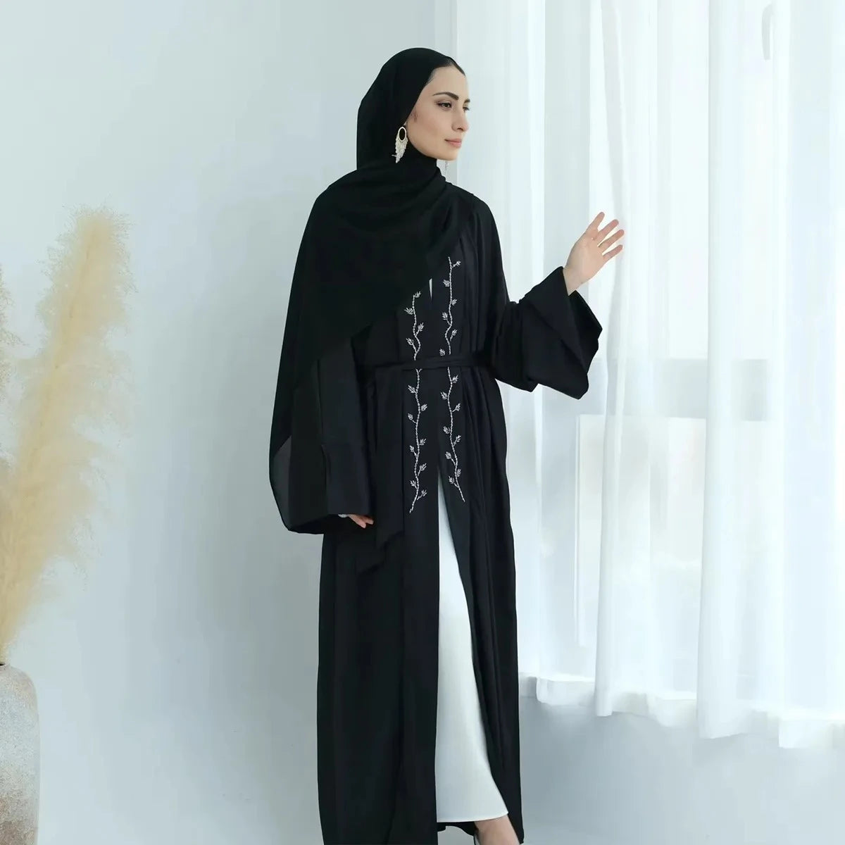 Elegant Beaded Wrinkle Satin Cardigan Open Abaya Dress #25828 - Perfect for Evening Parties, Weddings & Special Occasions