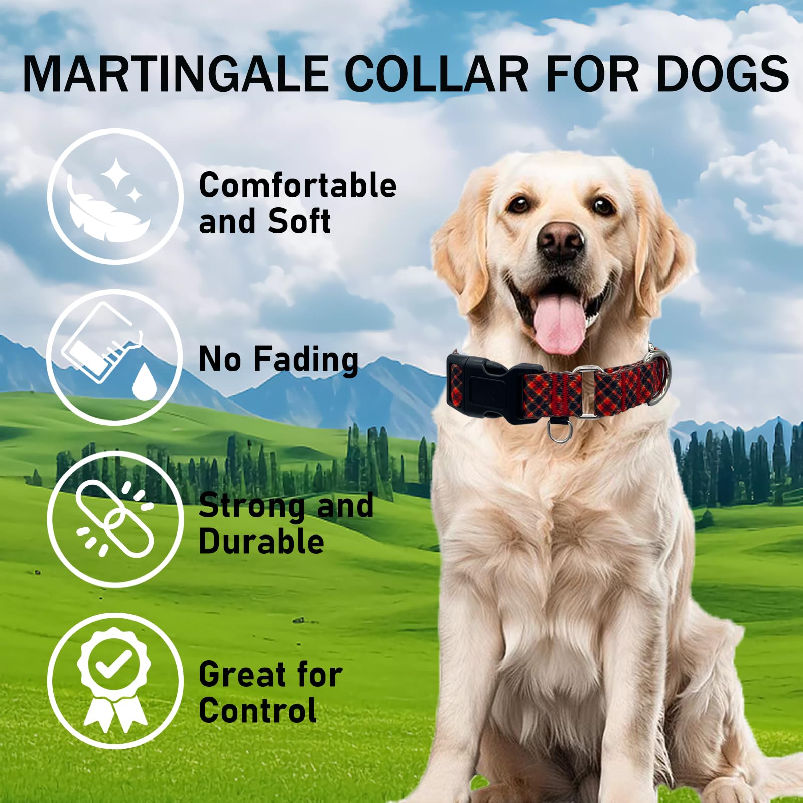 Christmas Plaid Dog Collar - Adjustable Soft Nylon Martingale Collar for Small Dogs (Red, for Walks & Training)