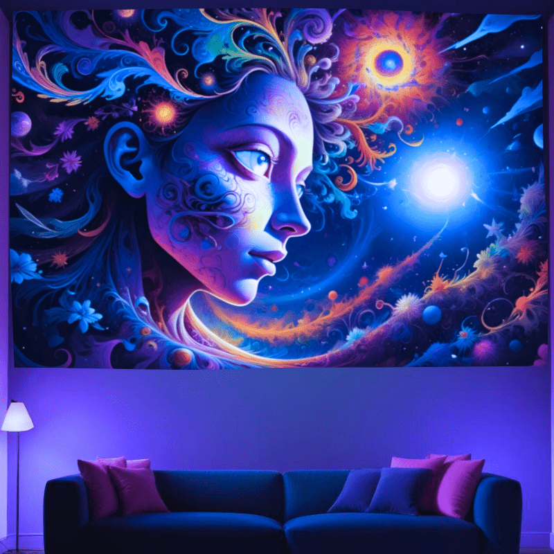 Cosmic Dreamer Glow in the Dark Tapestry - UV Reactive Wall Art Decor for Bedroom, Dorm Room & Festival - Psychedelic Space Themed Home Decor