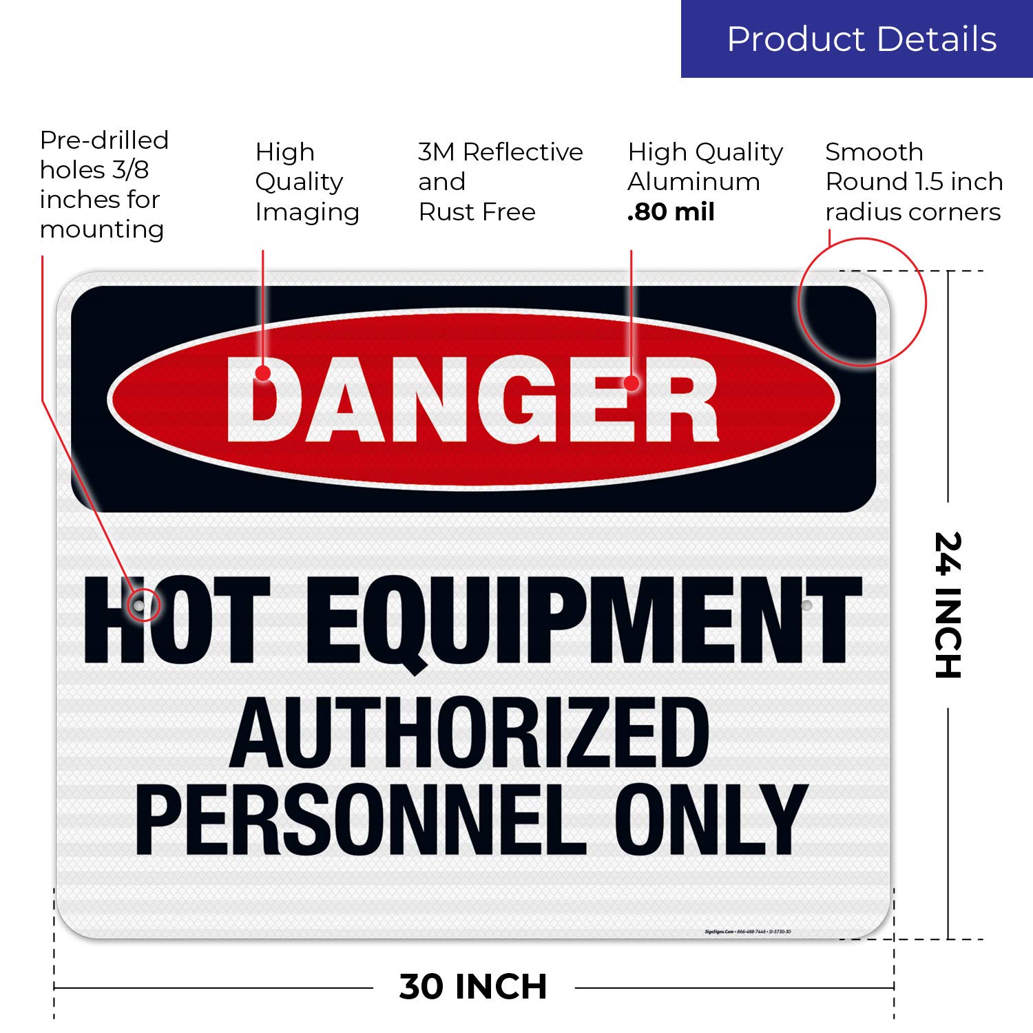 Danger Hot Equipment Authorized Personnel Only Sign - OSHA Compliant 24x30 Inches, 3M EGP Reflective .080 Aluminum, Fade Resistant for Indoor/Outdoor Use - Made in USA - Perfect for Factories, Warehouses & Construction Sites