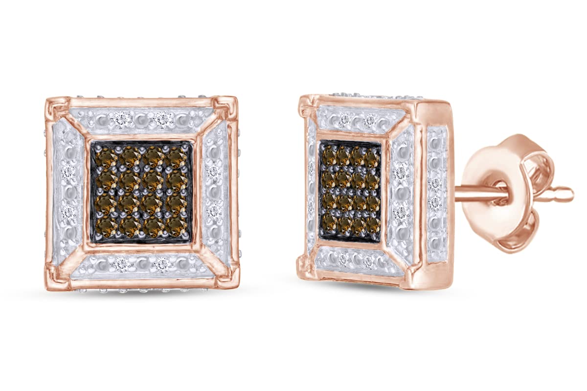 1/4 CT Round Cut Champagne & White Diamond Stud Earrings for Men in 14K Gold Over Sterling Silver - I2-I3 Clarity, I-J Color, 0.25 Cttw - Perfect for Weddings, Anniversaries & Special Occasions