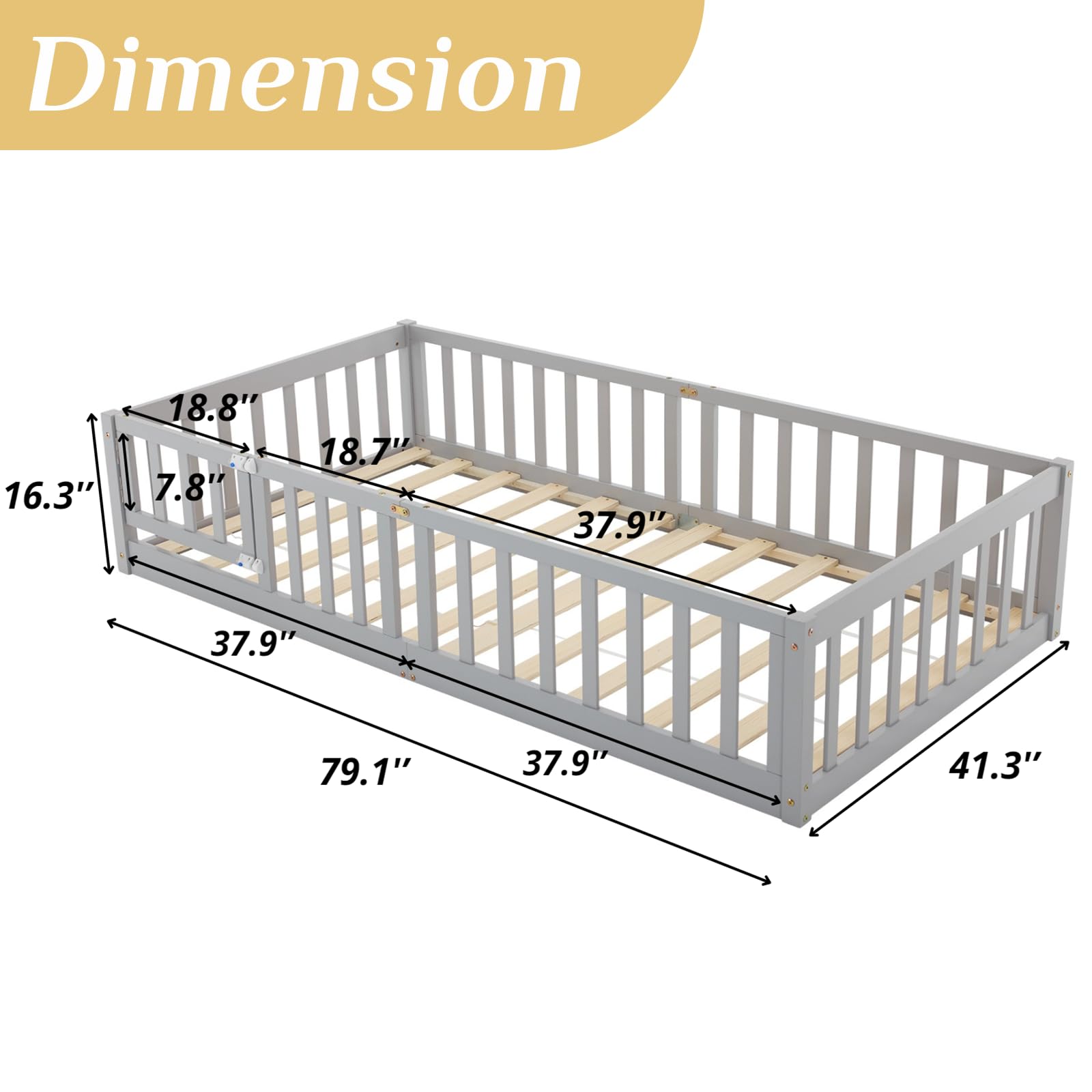 Montessori Toddler Floor Bed with Door & Safety Fence - Solid Wood Twin Bed Frame for Kids with 12 Slats & Guardrails - Grey (Perfect for Girls & Boys Bedroom, Playroom or Montessori Learning Space)