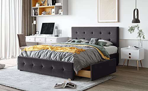 Queen Size Modern Upholstered Platform Bed with 4 Large Storage Drawers - Button Tufted Headboard, Wooden Slats & Center Support Legs - No Box Spring Required (Dark Gray) - Perfect for Master Bedrooms, Guest Rooms & Small Space Living