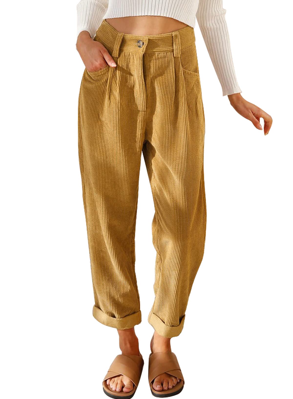 EVALESS Women's High Waisted Corduroy Pants - Straight Leg Casual Trousers with Pockets | Comfortable Loose Fit for Work, Travel & Everyday Wear