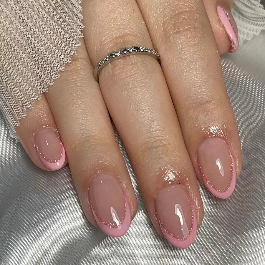 24Pcs Almond Fake Nails with Glue - Nude French Press On Nails with Black Stripes Design, Oval False Nail Tips for Women | Perfect for Parties, Weddings & Daily Wear